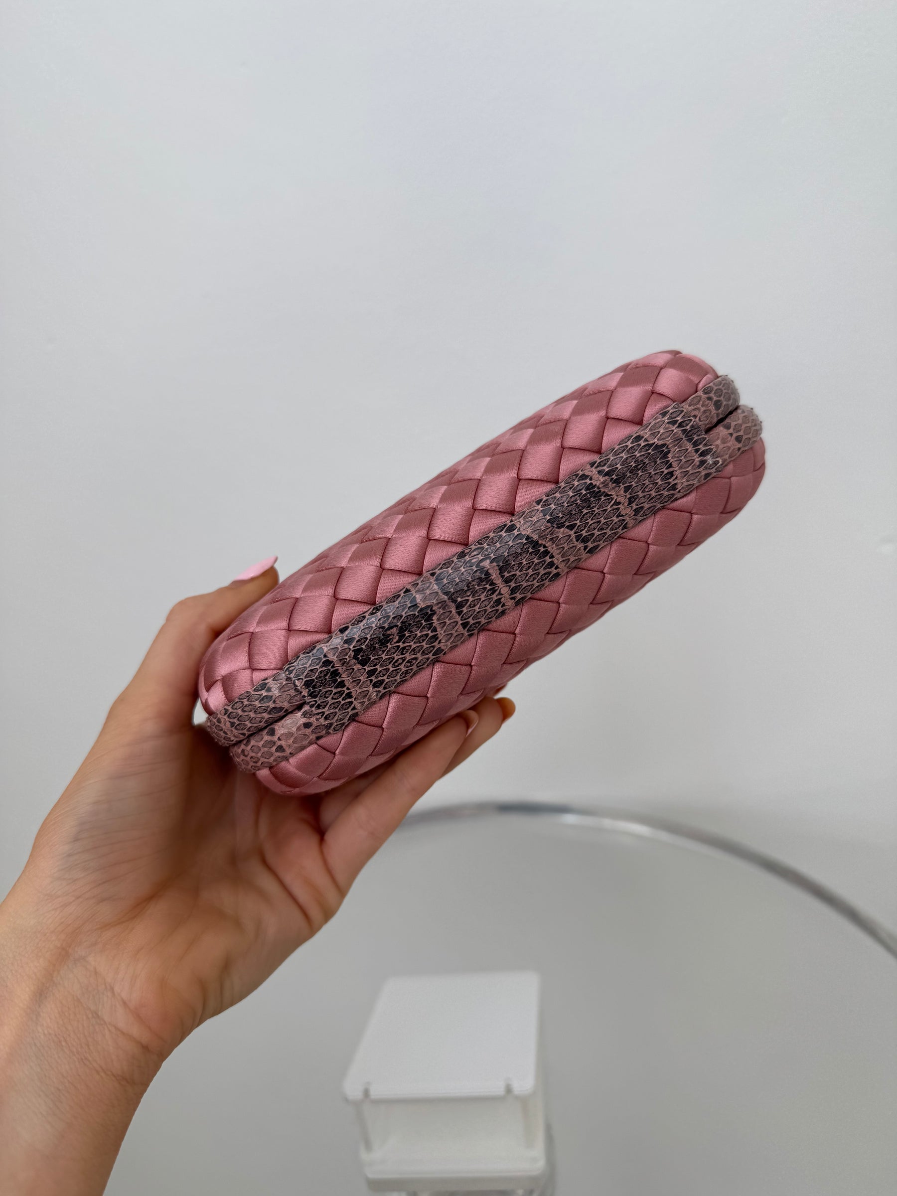 Bottega Veneta Musk Woven Silk Python Trim Knot Clutch