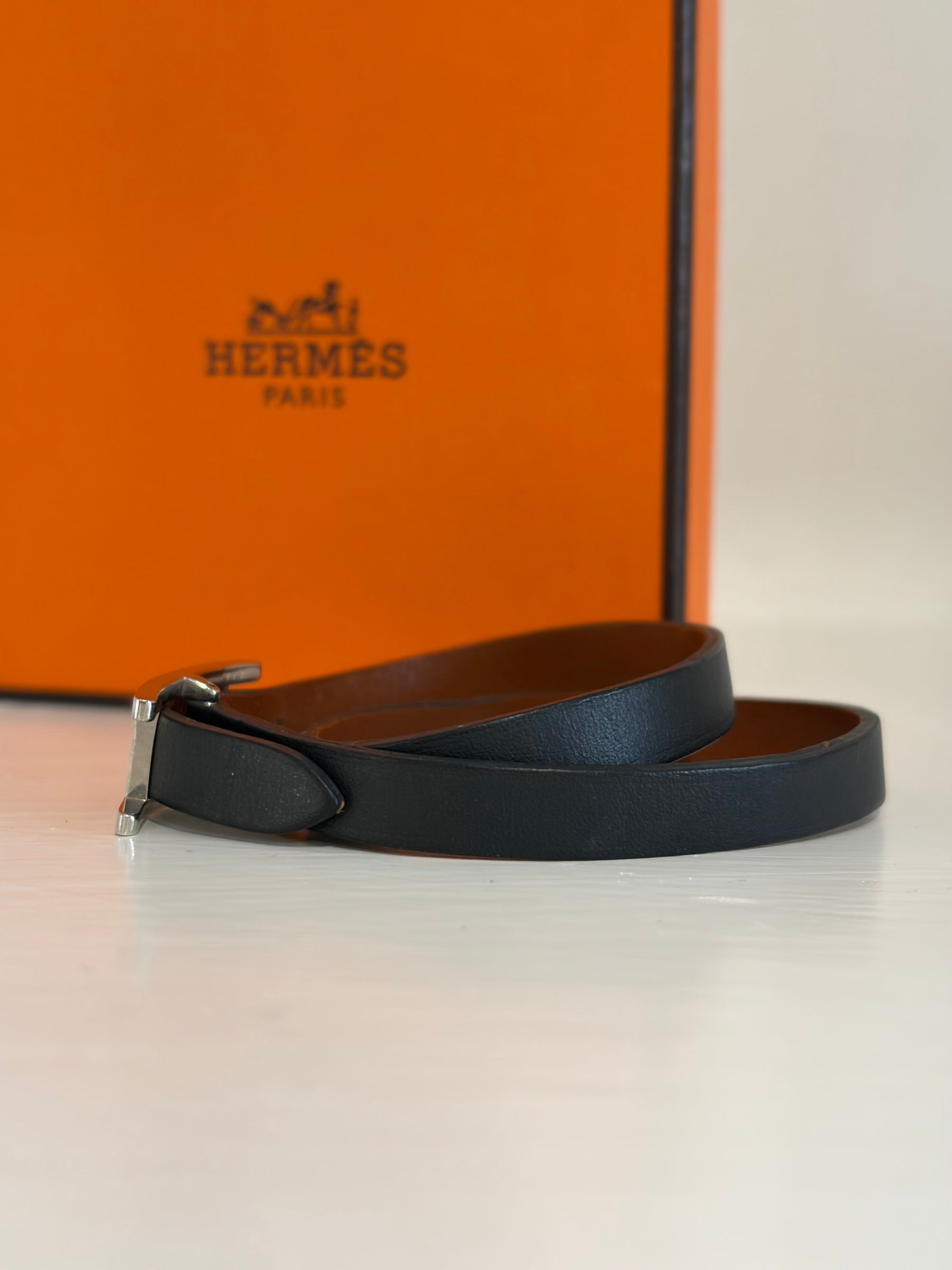 Hermès Black Leather Behapi Double Tour Bracelt
