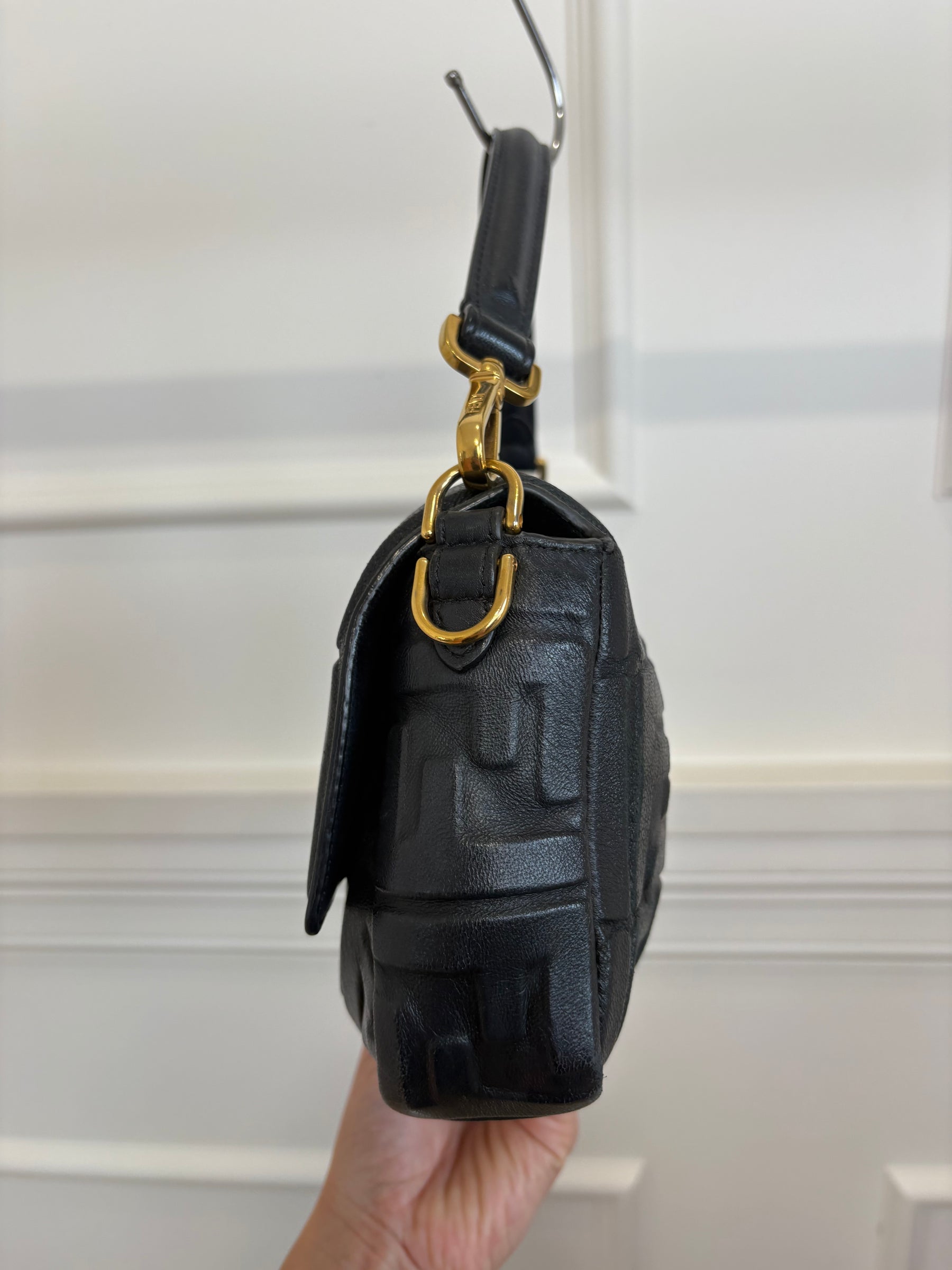Fendi Black Leather Debossed Monogram Baguette Bag