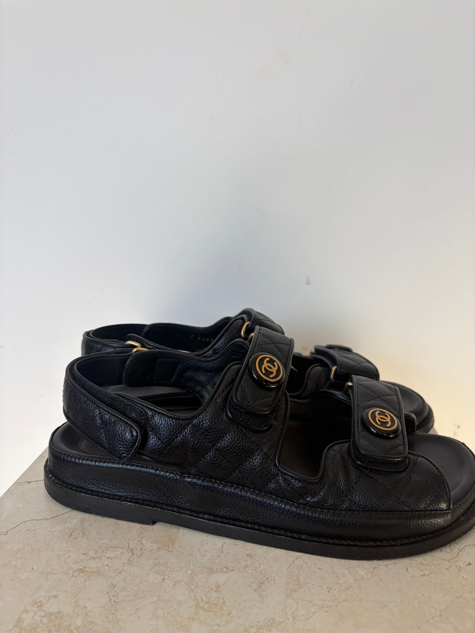 Chanel Black Caviar Leather Dad Sandals, 40 C