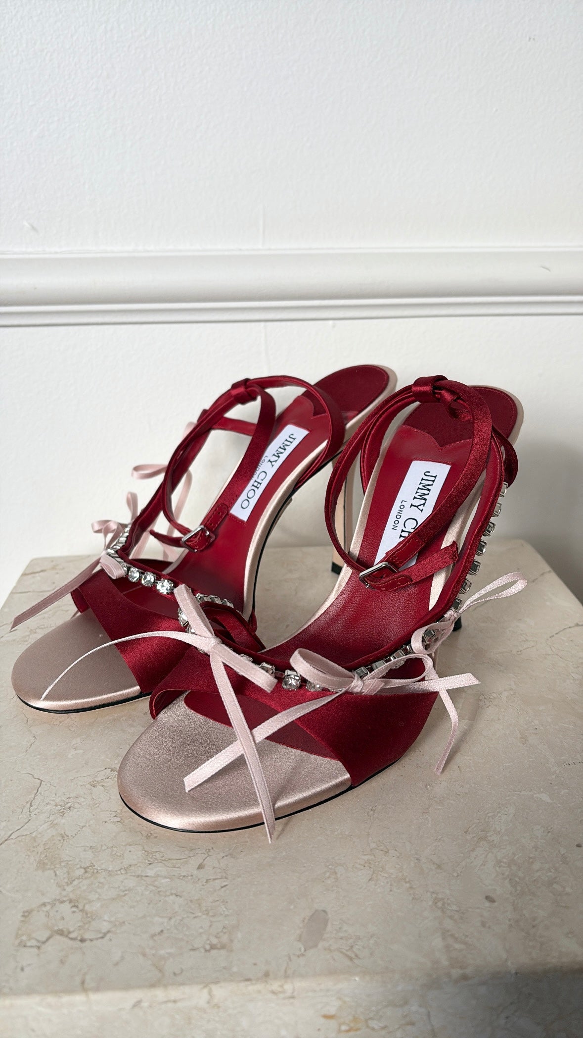 Jimmy Choo Red and Pale Pink Satin Crystal Bow Ankle Strap Heels, 39