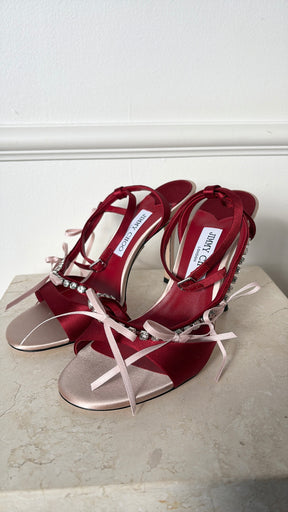 Jimmy Choo Red and Pale Pink Satin Crystal Bow Ankle Strap Heels, 39