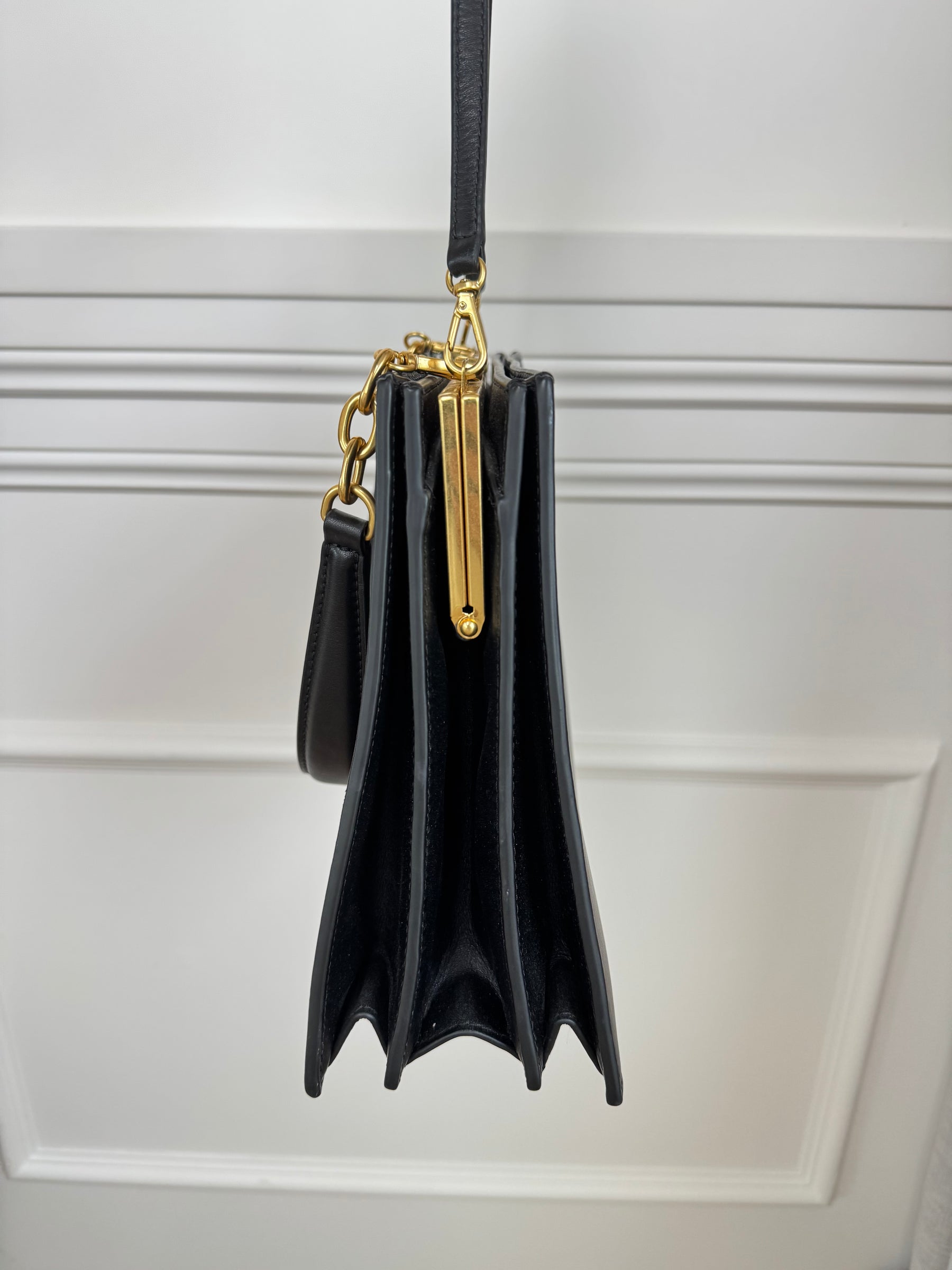 Oroton Black Leather Top Handle Gold Frame Shoulder Bag