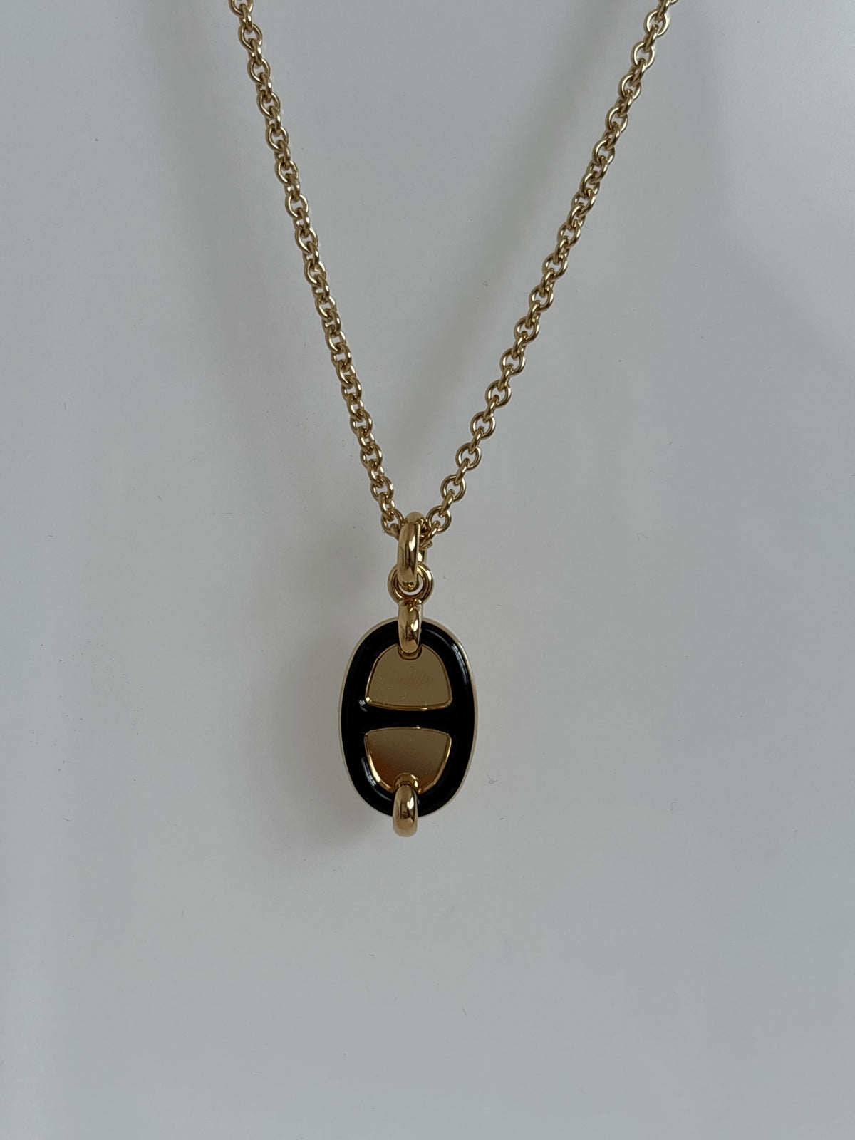 Hermès Gold Tone and Black Enamel Chain D'ancre Pendant Necklace