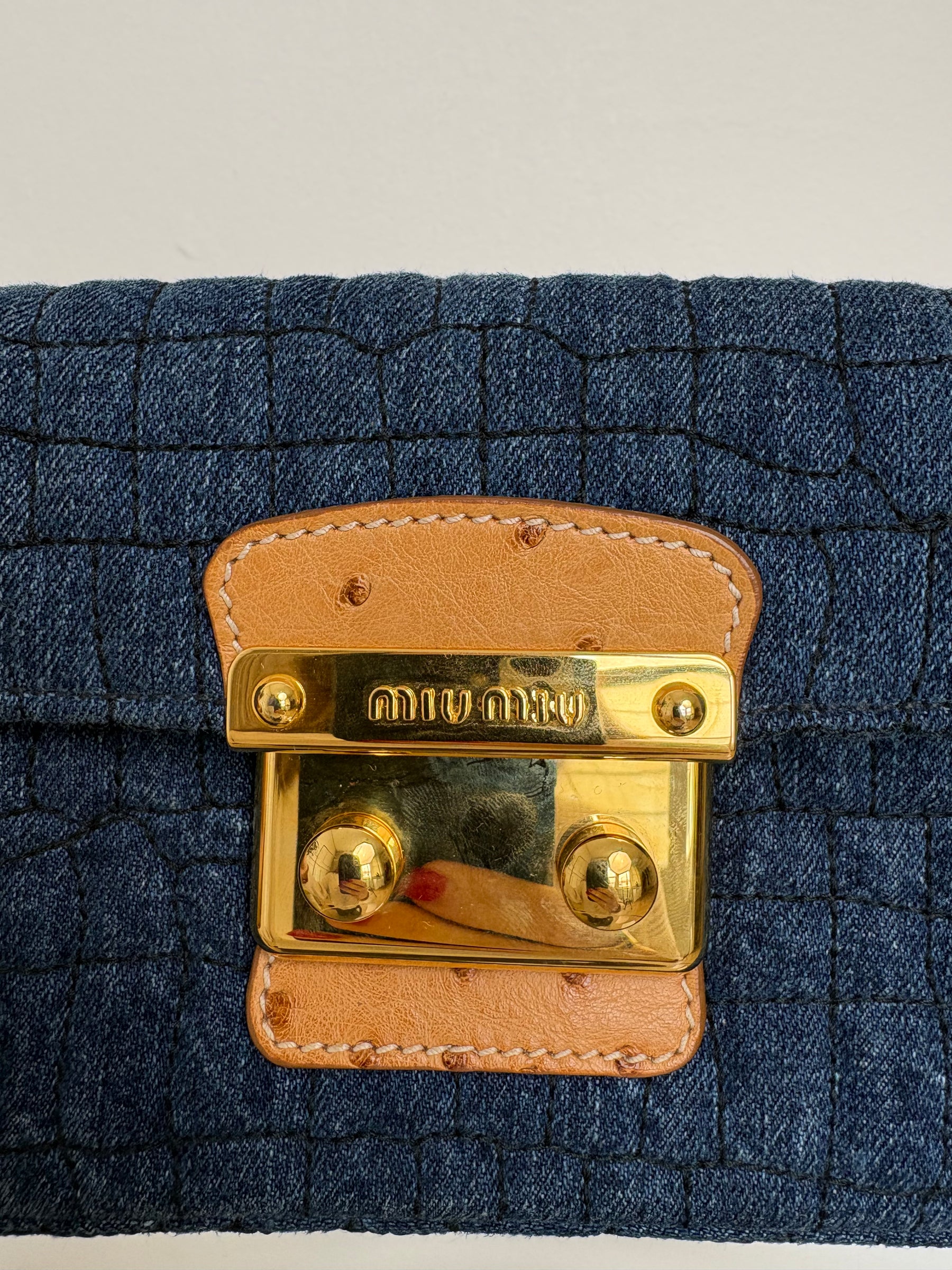 Miu Miu Croc-Embossed Denim Clutch