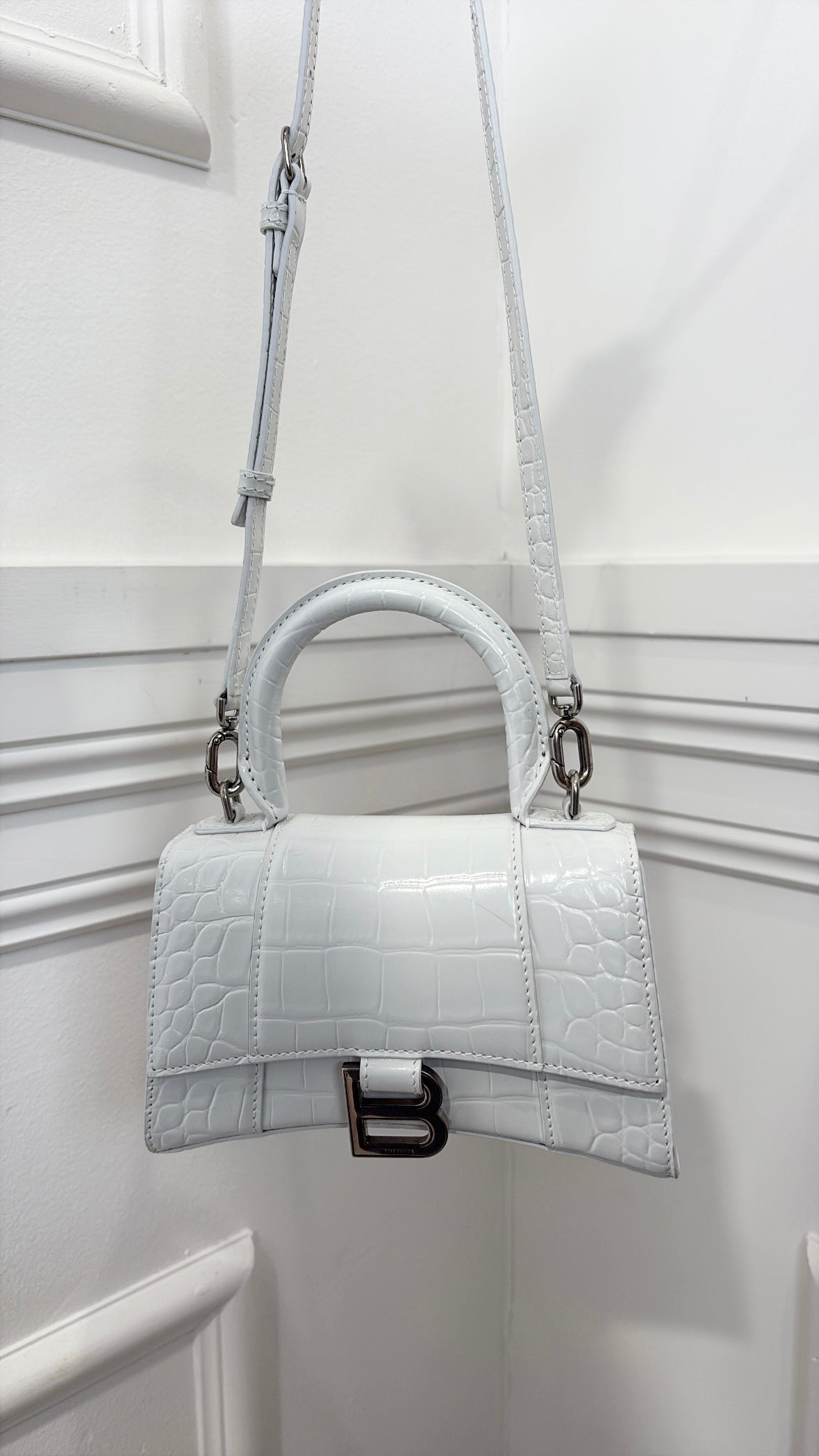 Balenciaga White Croc Embossed Hourglass Bag, XS