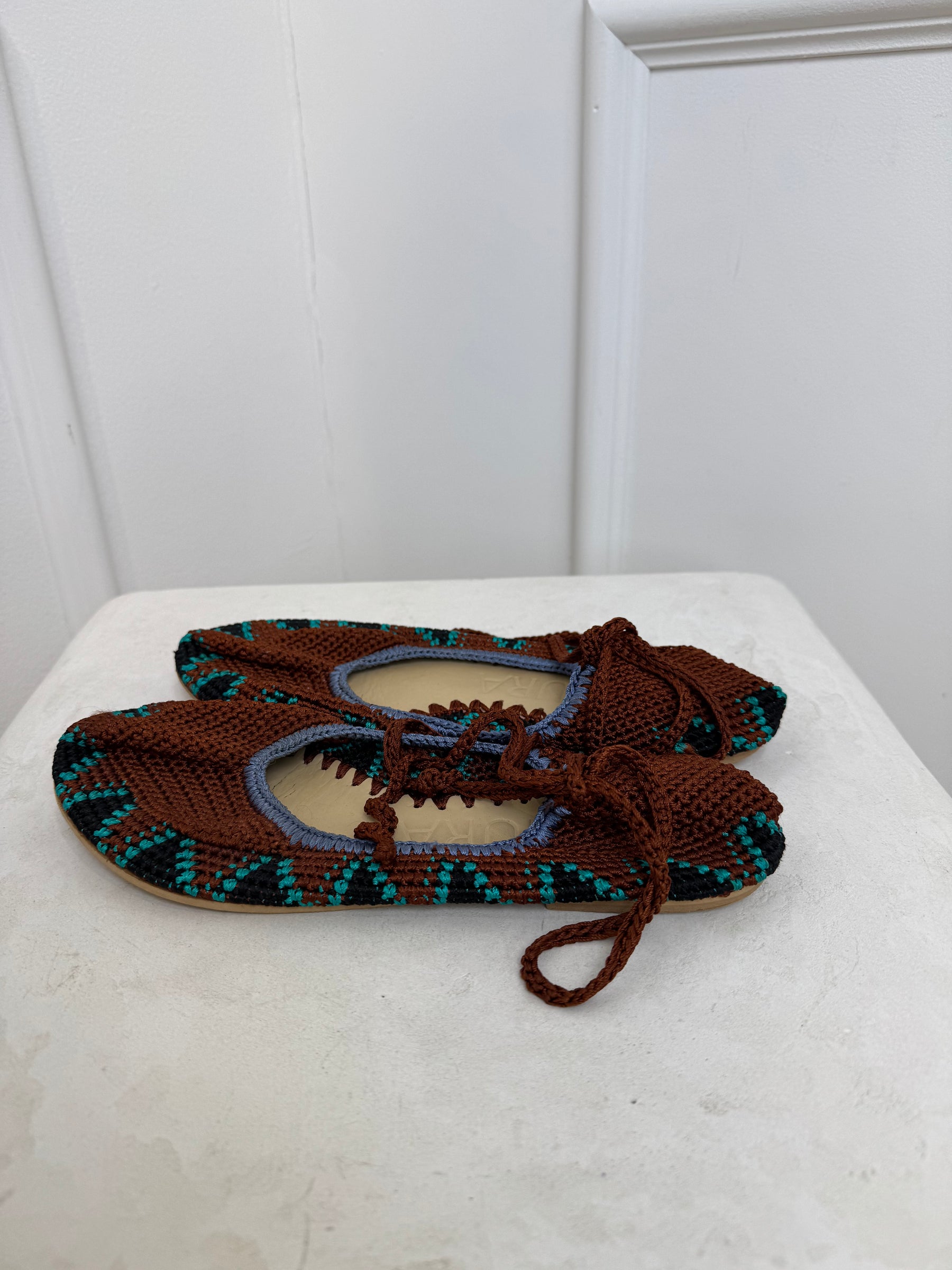 Kashura Brown Crochet Ankle Tie Flats, 9