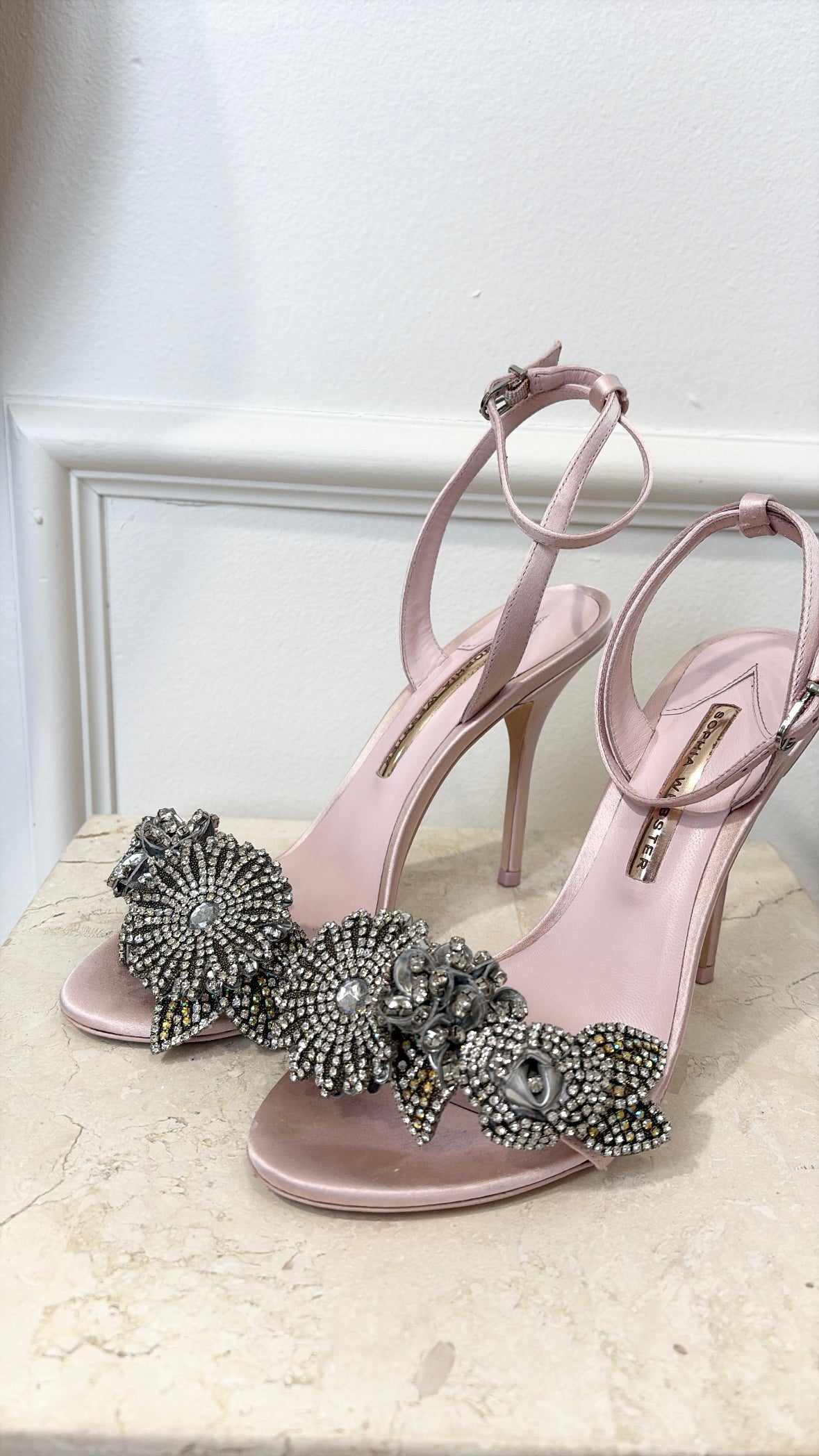 Sophia Webster Pink Satin and Crystal Flower Strappy Heels, 39