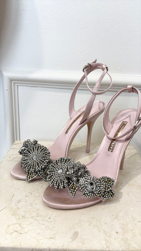 Sophia Webster Pink Satin and Crystal Flower Strappy Heels, 39