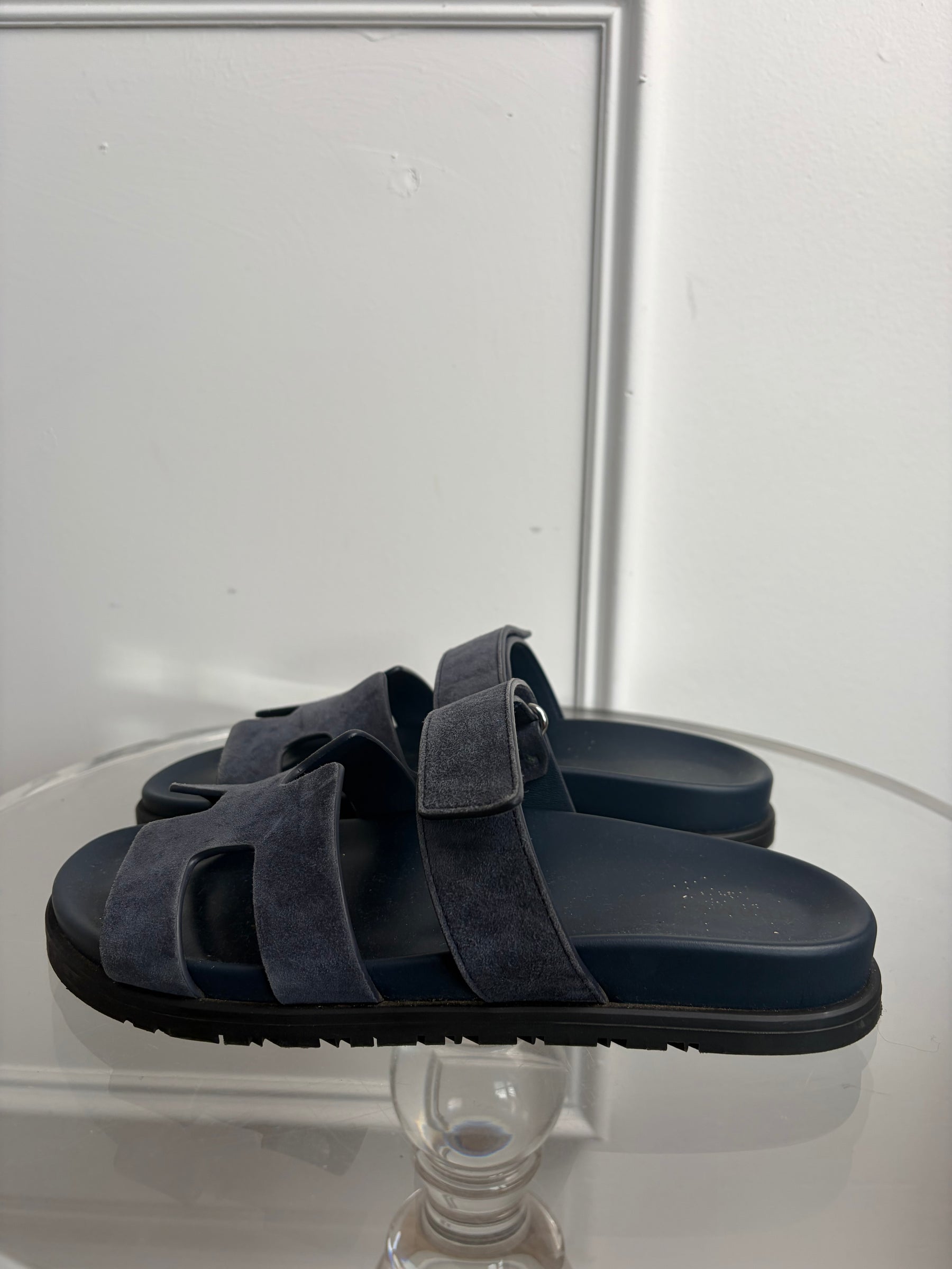 Hermès Navy Suede Chypre Sandals, 39