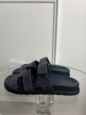 Hermès Navy Suede Chypre Sandals, 39
