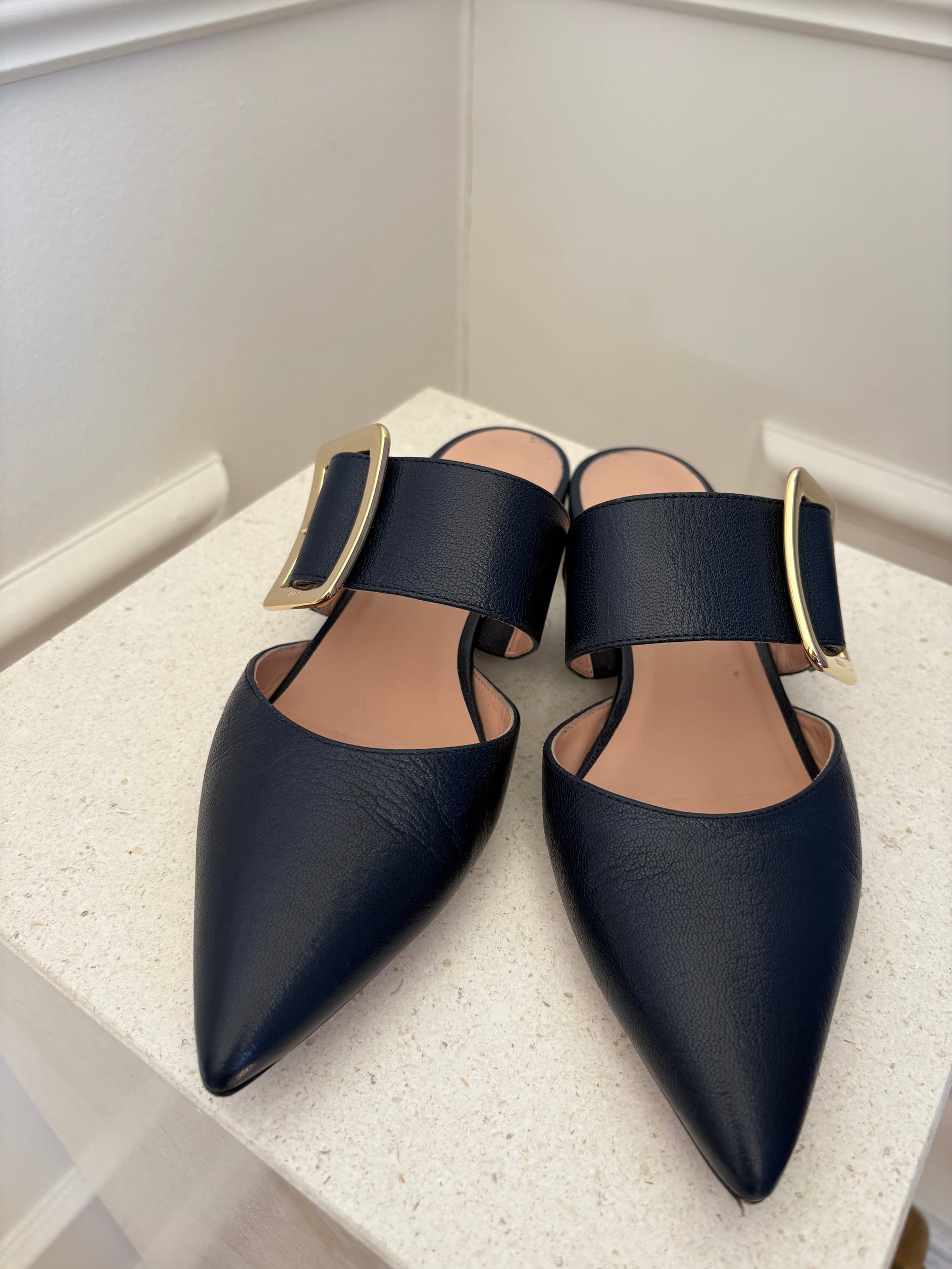 Bally Navy Leather Pointed Buckle Flats, 38