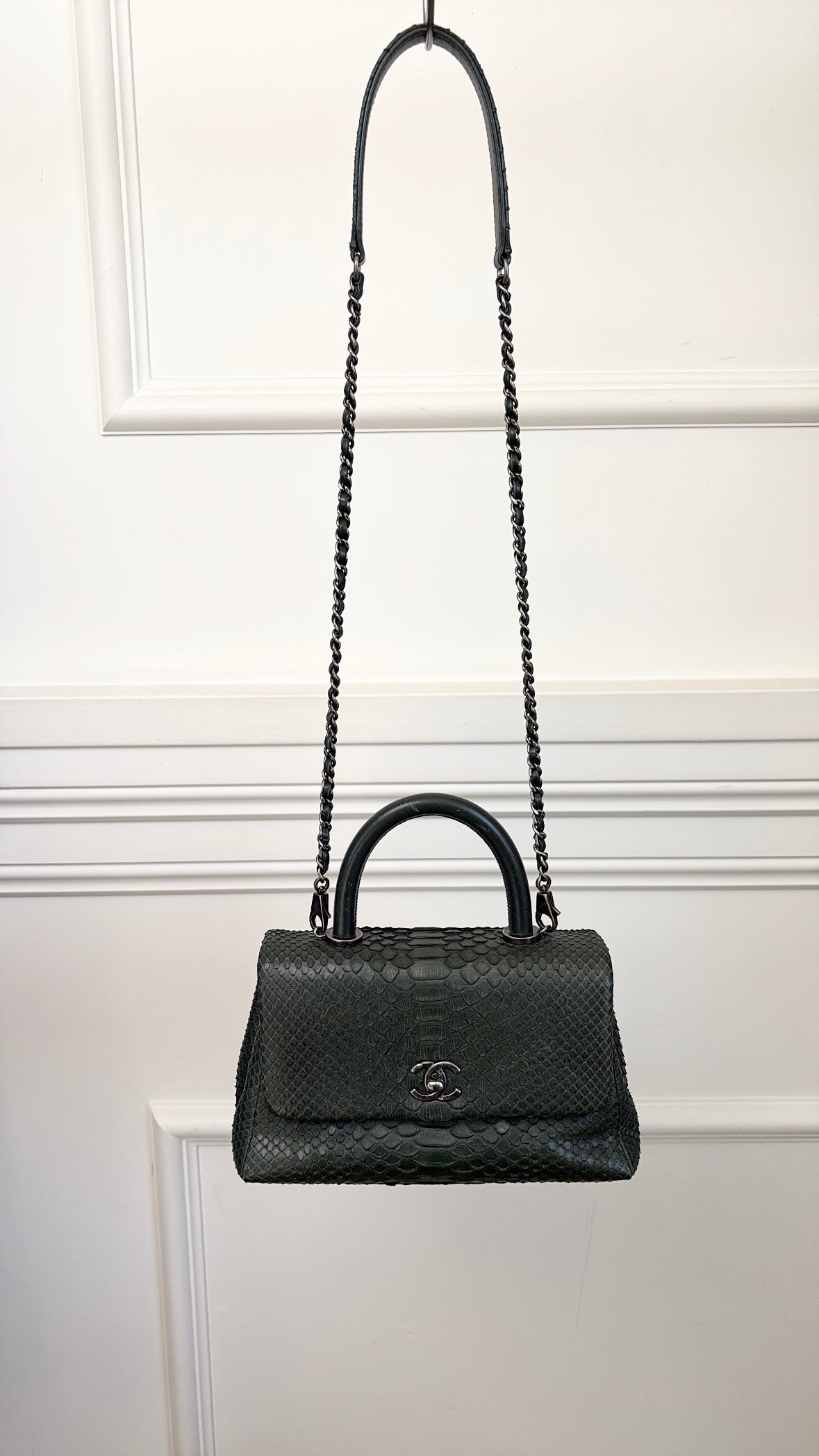 Chanel Emerald Green Python Leather Mini Coco Top Handle Bag