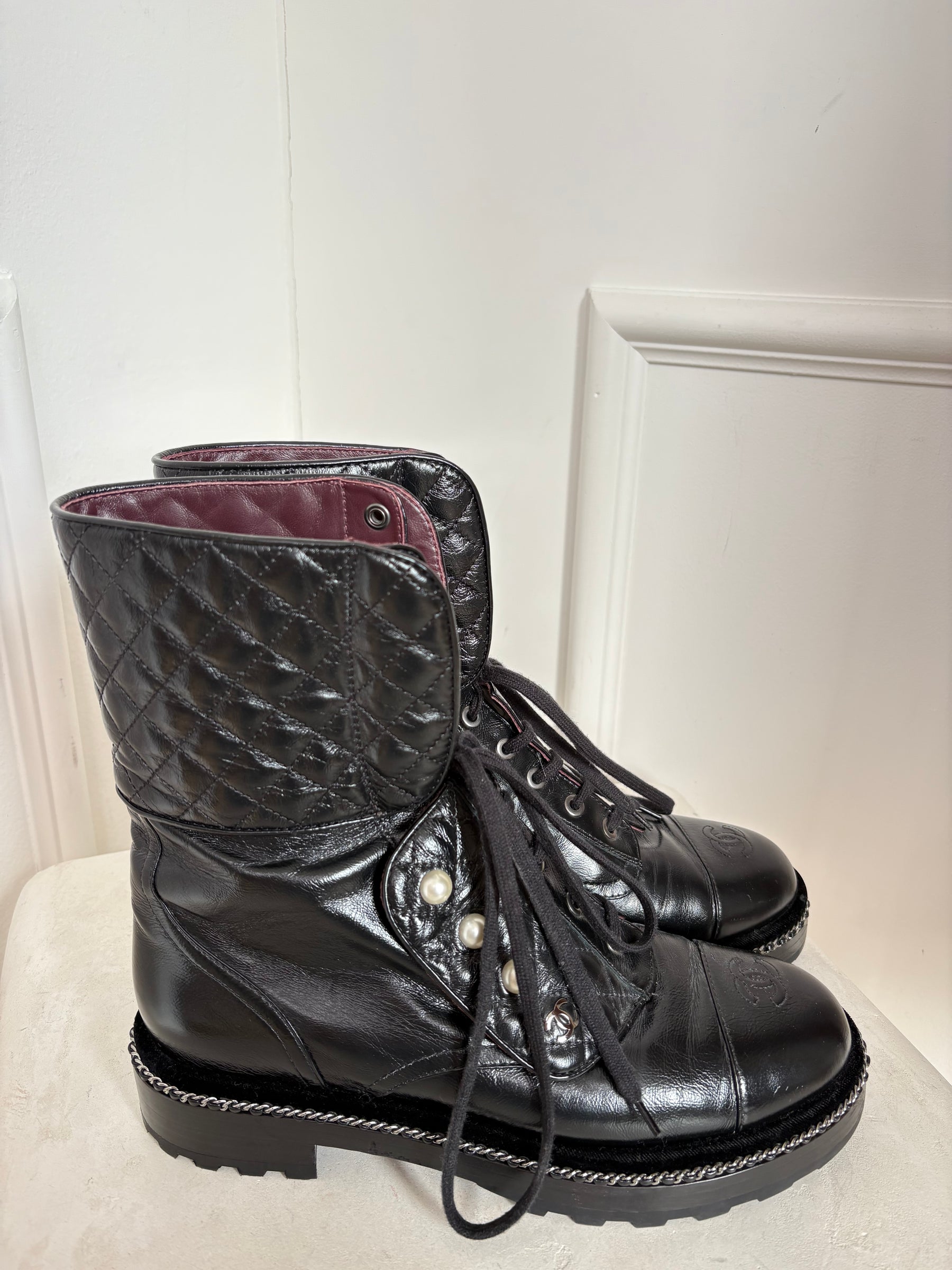 Chanel Black Quilted Leather Pearl Detail Ankle Boots, 40.5