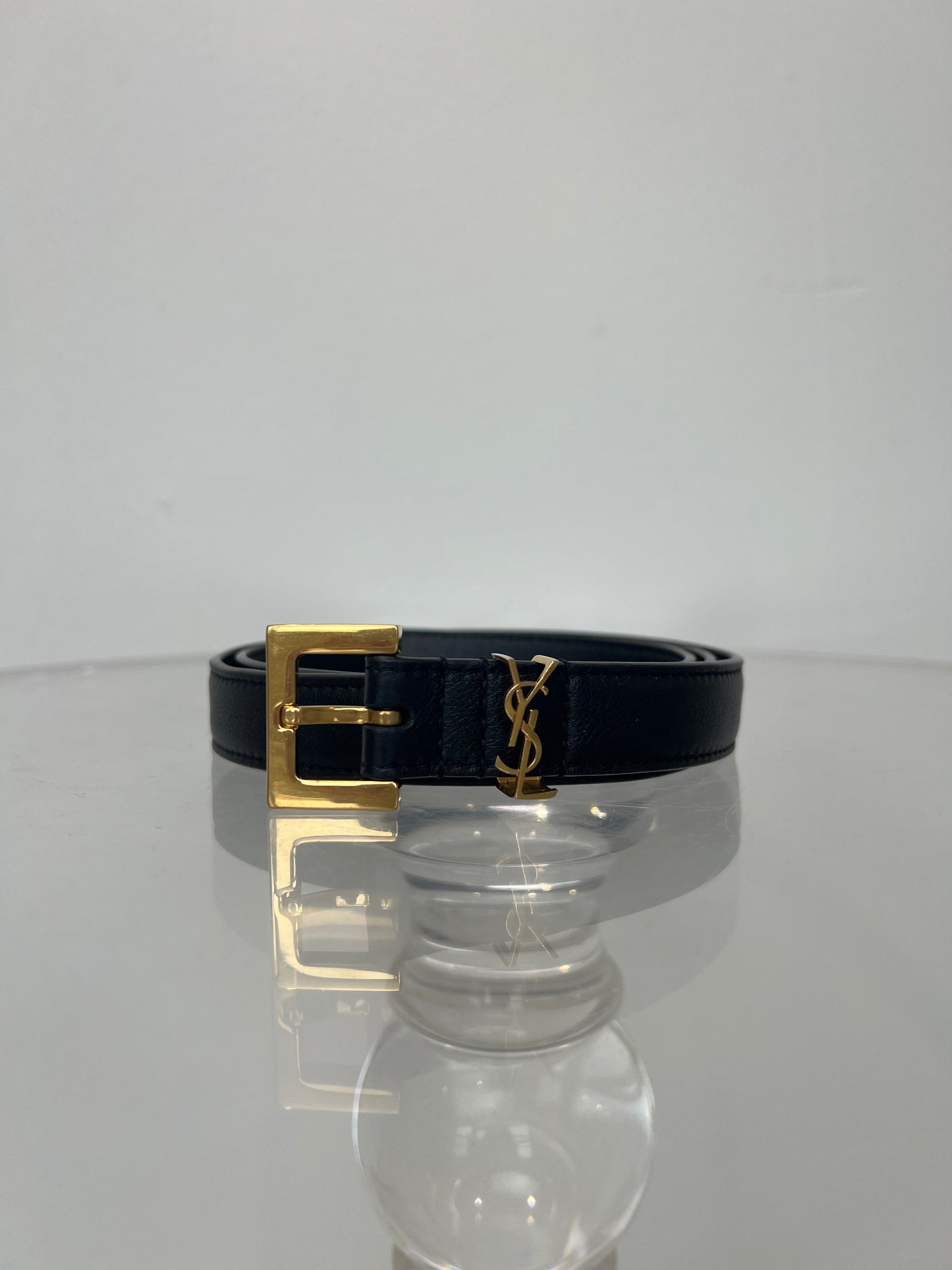 Saint laurent Black Leather Narrow Belt Gold Tone Buckle, 75