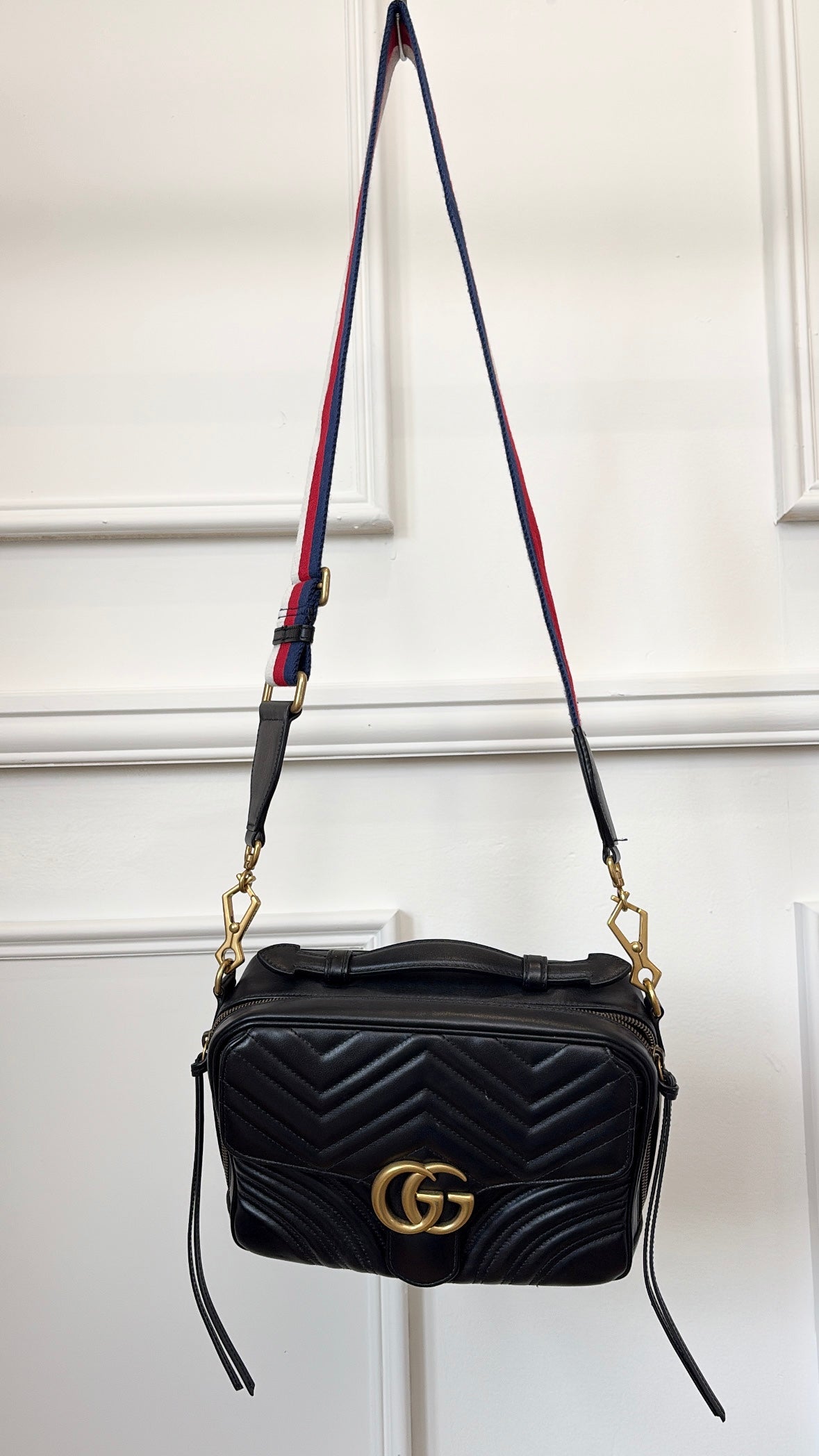 Gucci Black Chevron Leather Marmont Top Handle Satchel Bag
