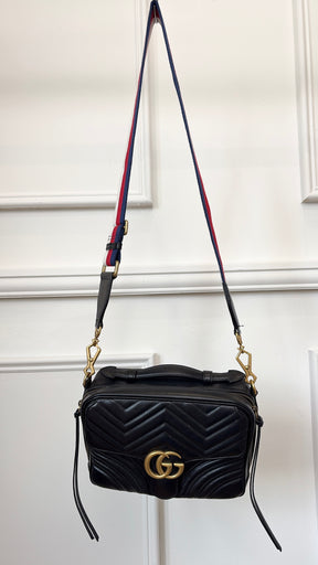 Gucci Black Chevron Leather Marmont Top Handle Satchel Bag