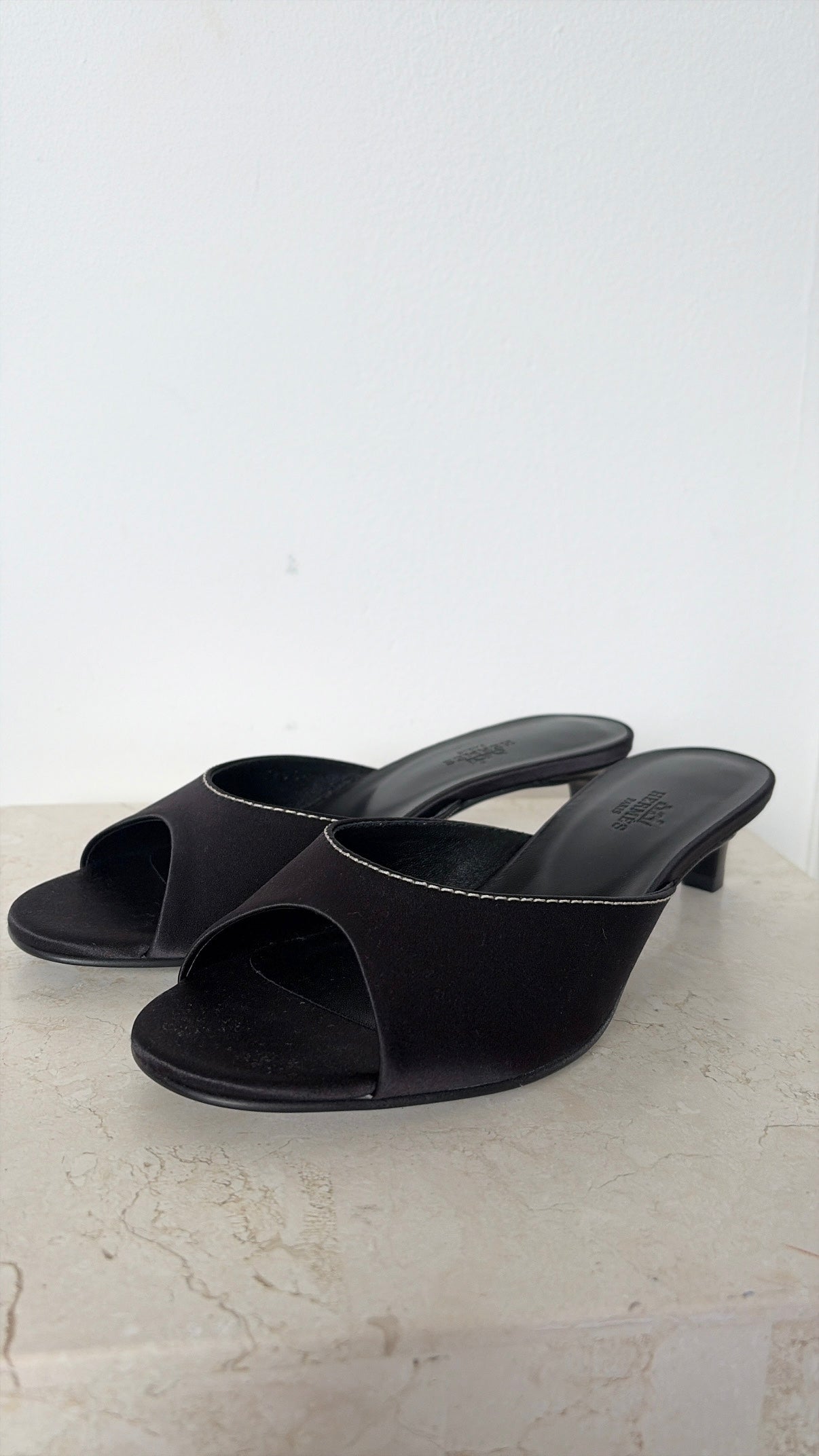 Hermès Black Satin Marilyn Heeled Sandal, 37