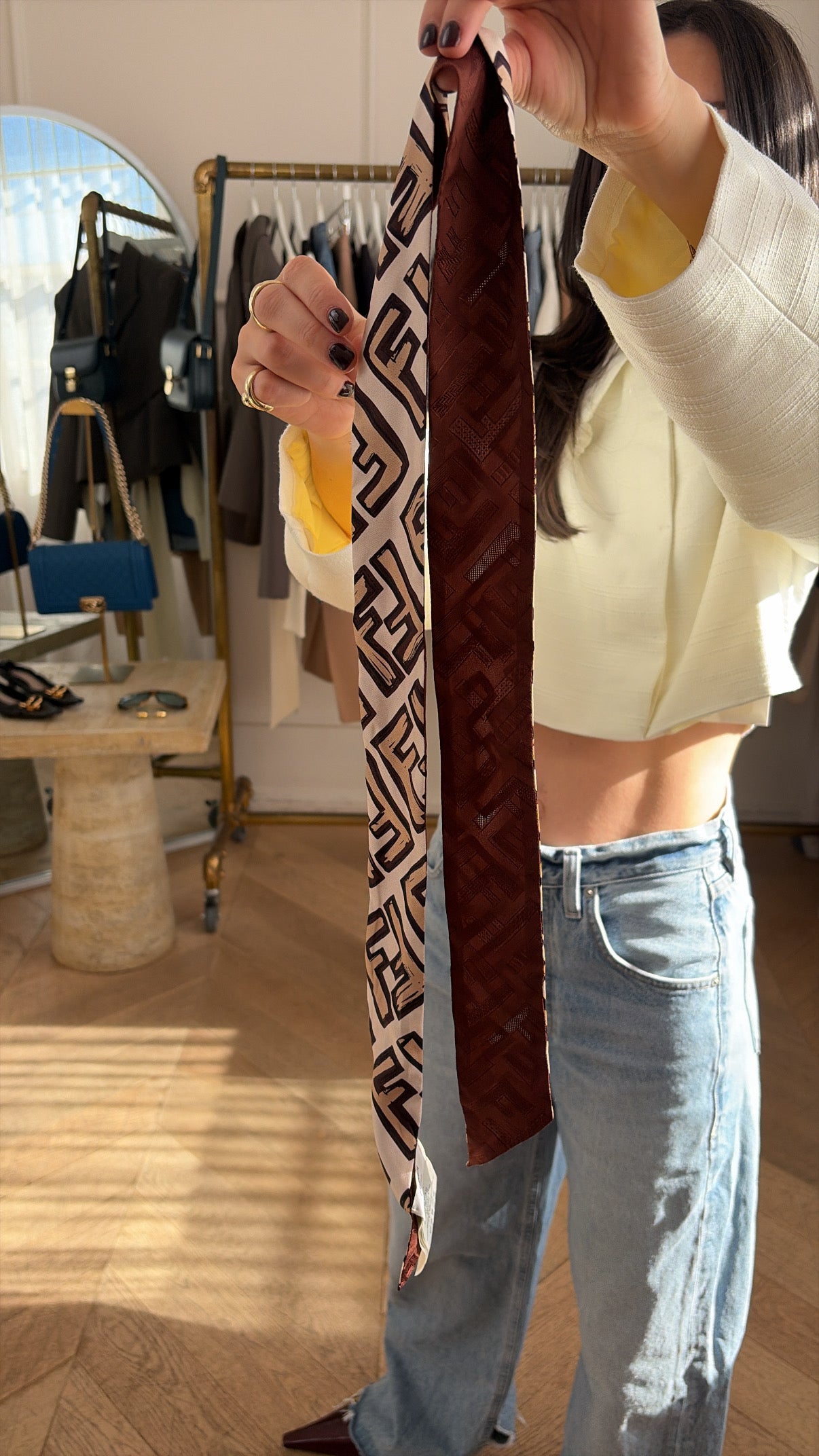 Fendi Twilly Scarf  Pink  Brown Monogram Silk.