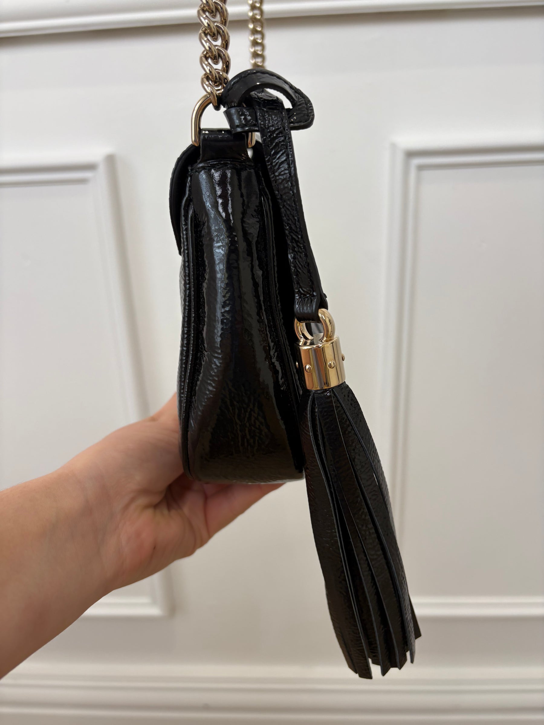 Gucci Black Patent Crinkled Soho Chain Flap bag