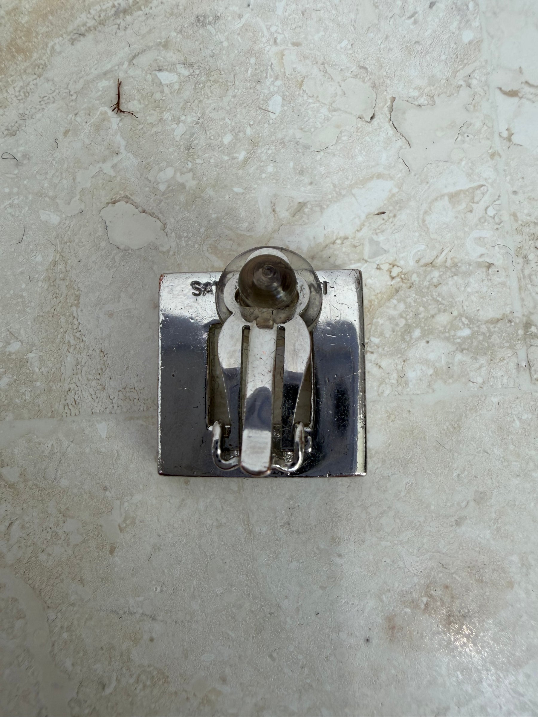 Saint Laurent Silver Crystal Square Clip on Earrings