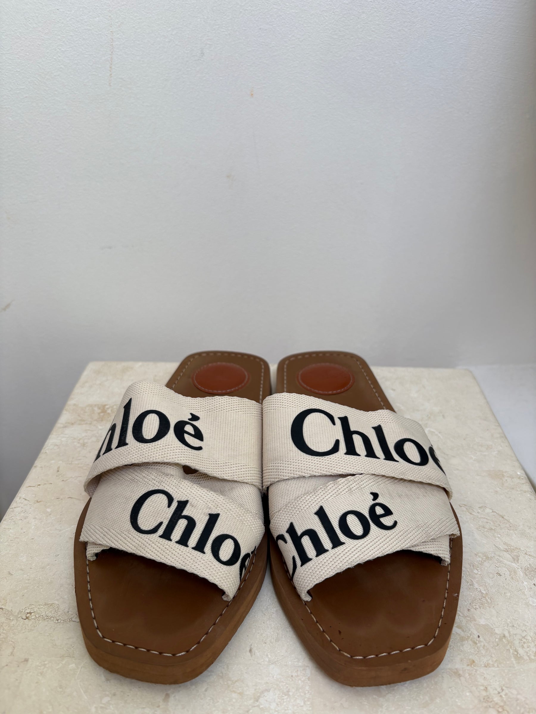 Chloe Woody Canvas Slides In White, 37