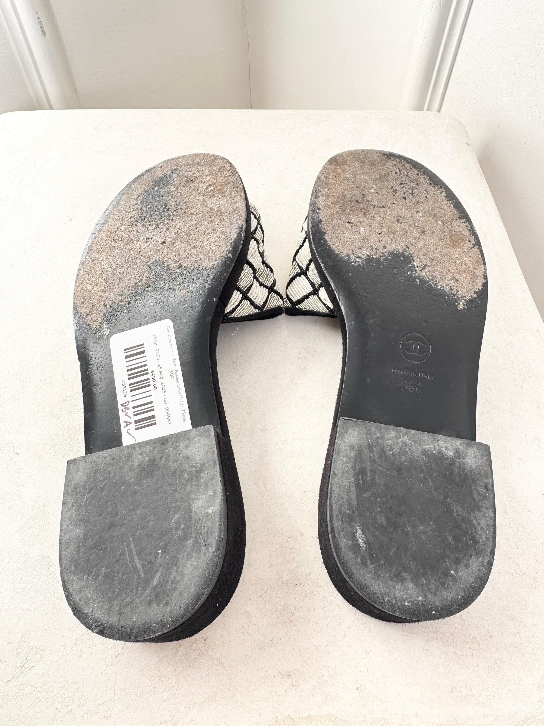 Chanel Black and White Beaded Logo Heeled Mules, 38C
