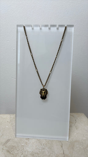 Gucci Gold Tone Lion Pendant Necklace with Purple Stone