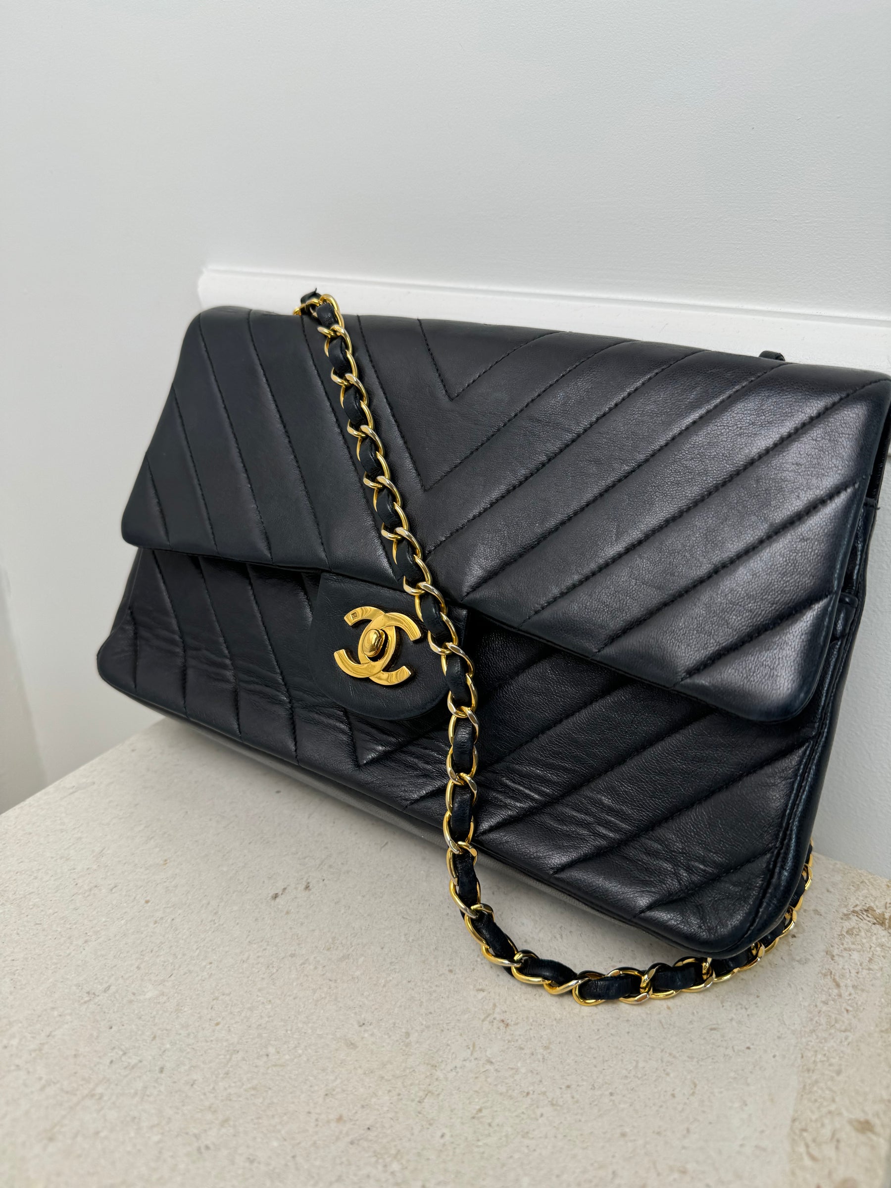 Chanel Black Chevron Leather Small Classic Flap