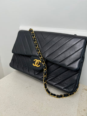 Chanel Black Chevron Leather Small Classic Flap