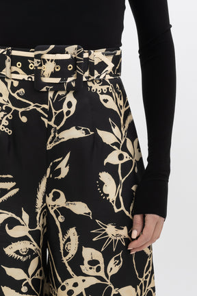 Floral Print Silk Pants With Belt