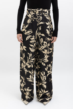 Floral Print Silk Pants With Belt