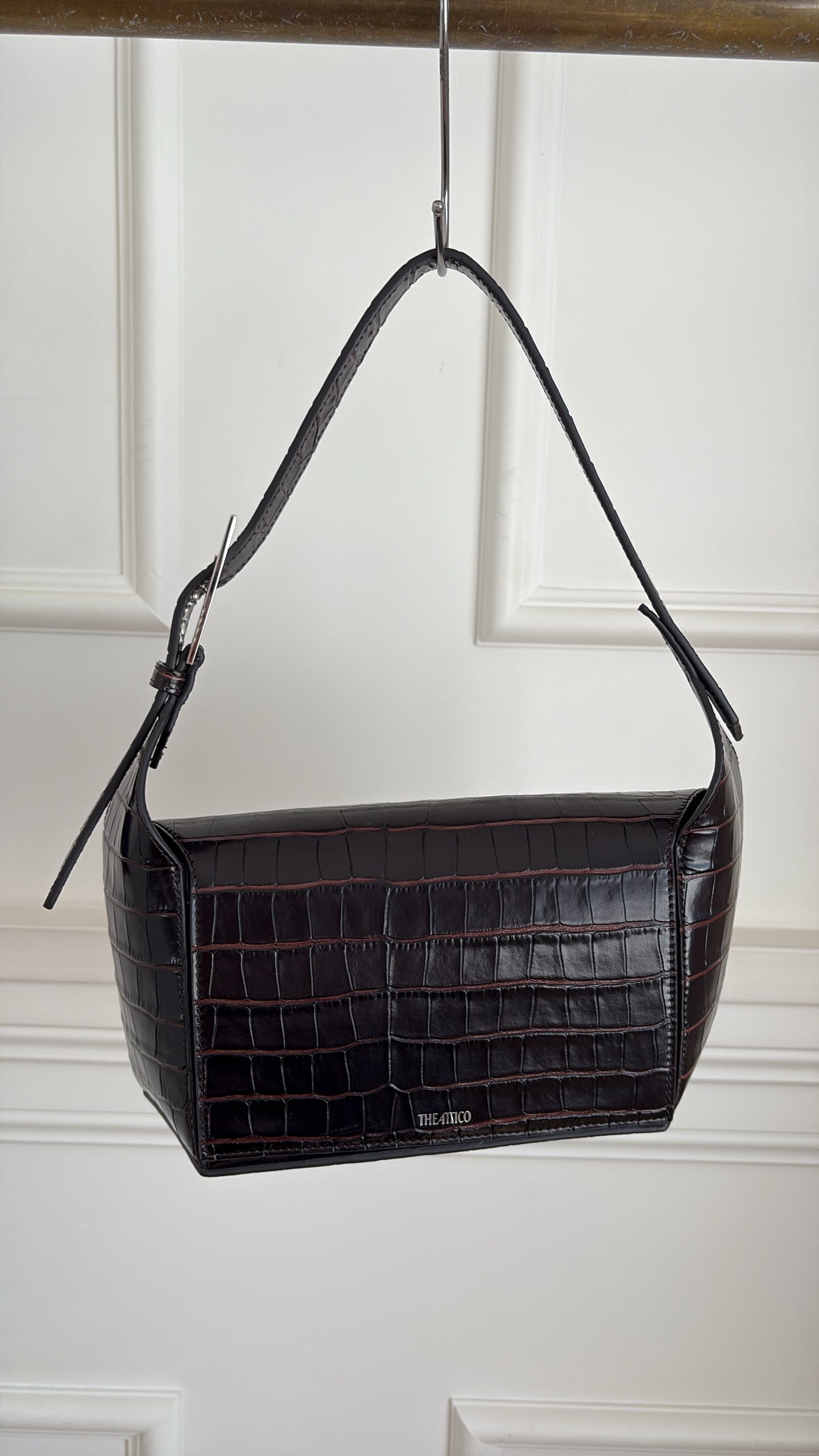 THE ATTICO Dark Brown Croc Embossed 7/7 Shoulder Bag