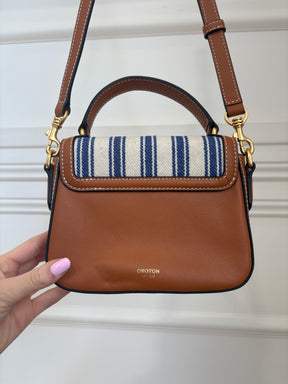 Oroton Blue and White Canvas with Tan leather Top Handle Bag