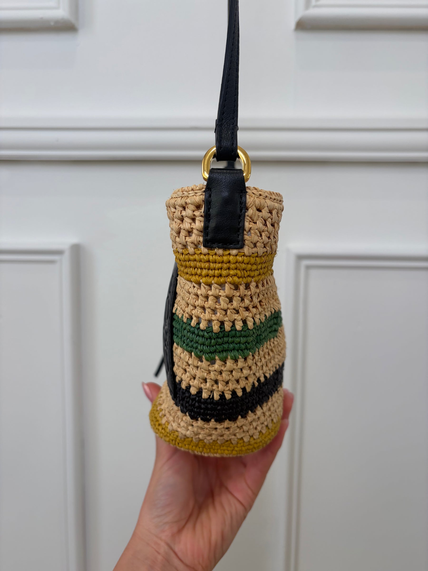 Loewe Natural Green Yellow and Black Leather Raffia Crossbody Pouch
