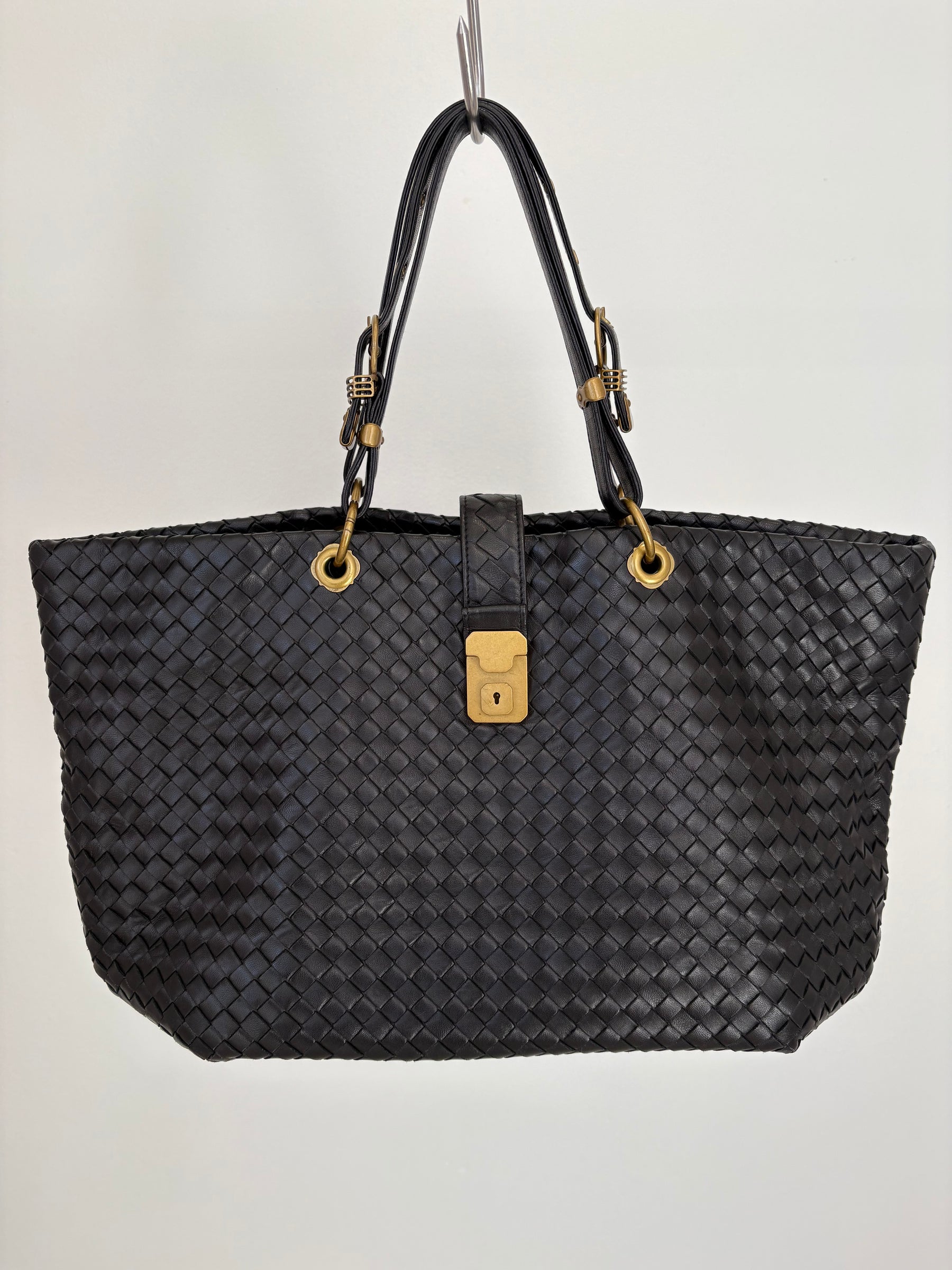 Bottega Veneta Black Intrecciato Leather Buckle Tote