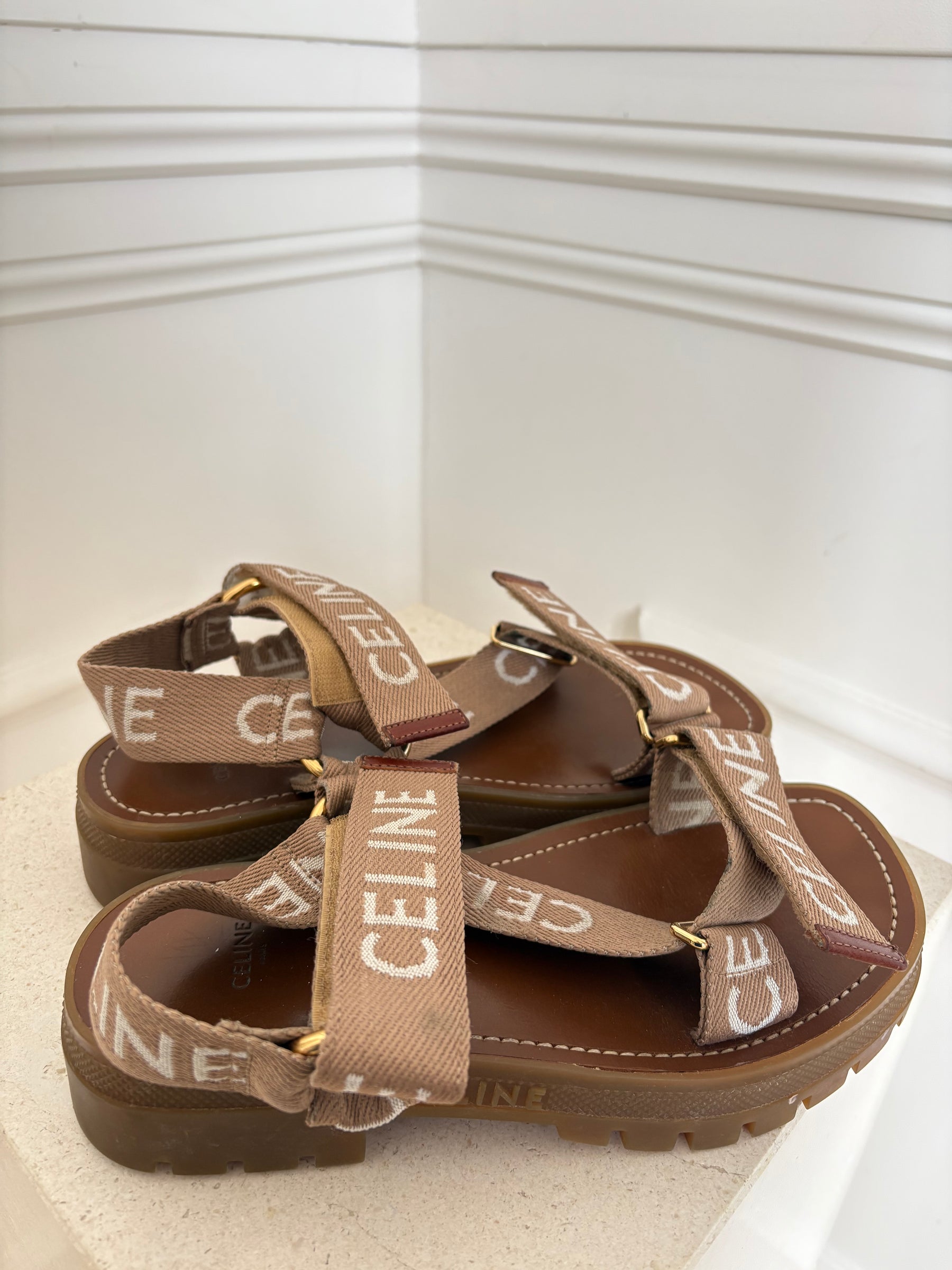 Celine Leo Strappy Sandal With Celine Jacquared Light Beige White, 38