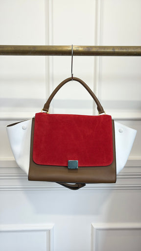 Celine White and Khaki leather with Red Suede Trapeze Bag
