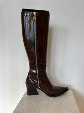 Tibi Brown Patent Leather Point Thigh High Boots, 37.5