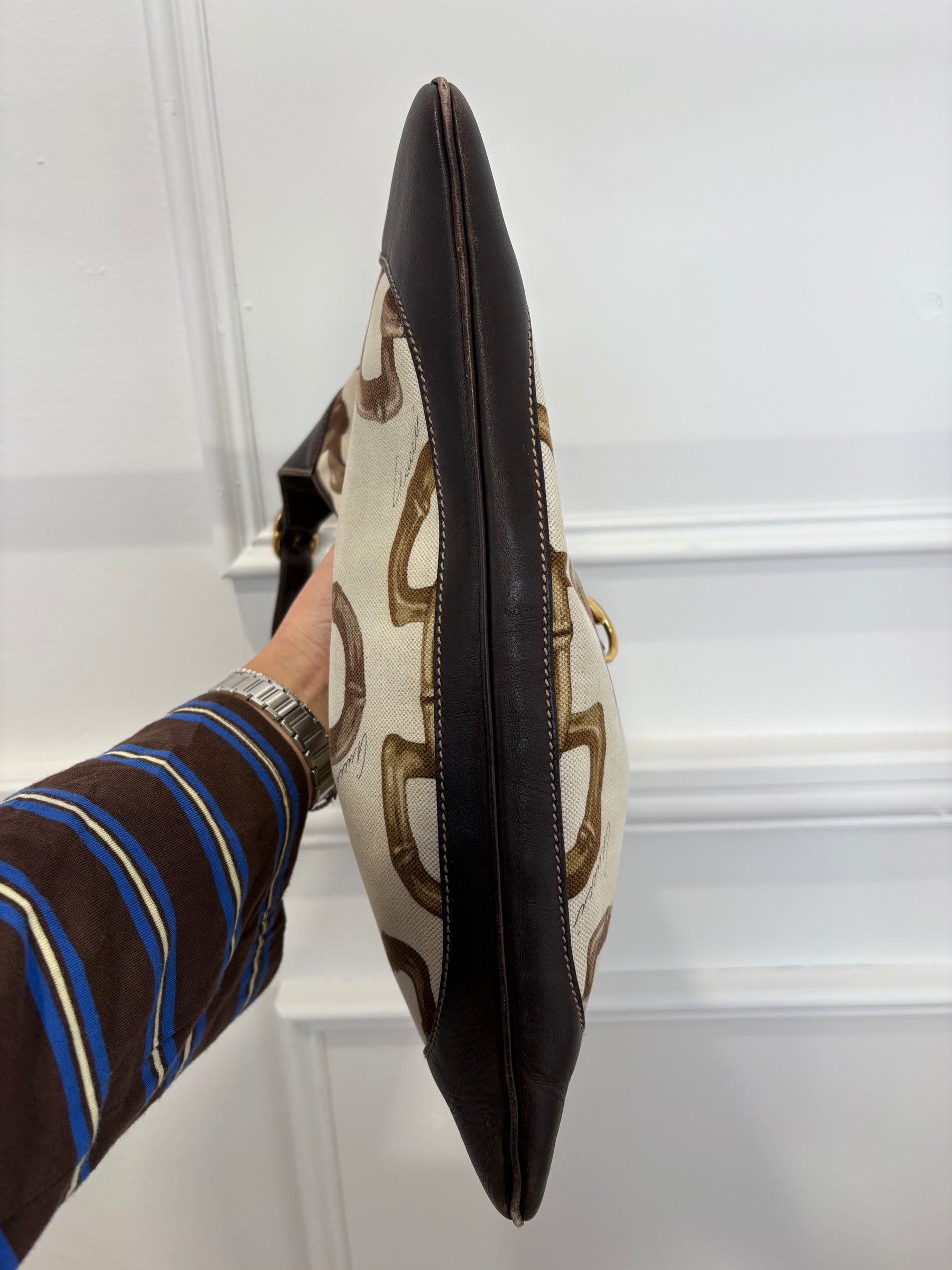 Gucci Dark Brown Leather and Canvas Horsebit Print Jackie