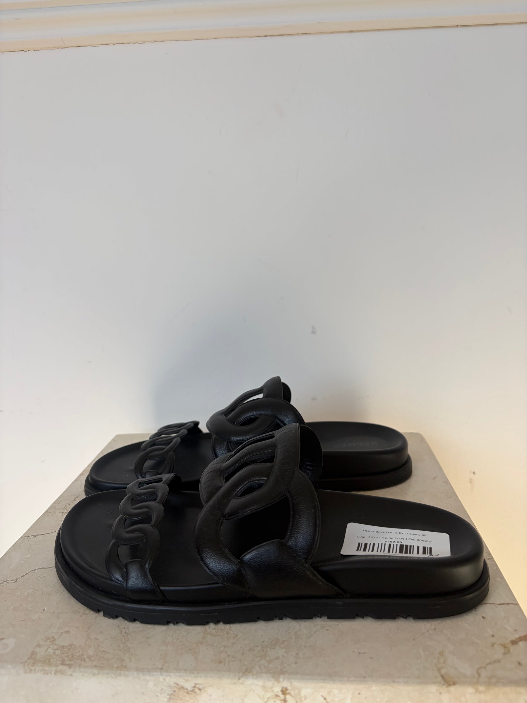 Hermès Black Leather Extra Slides, 38
