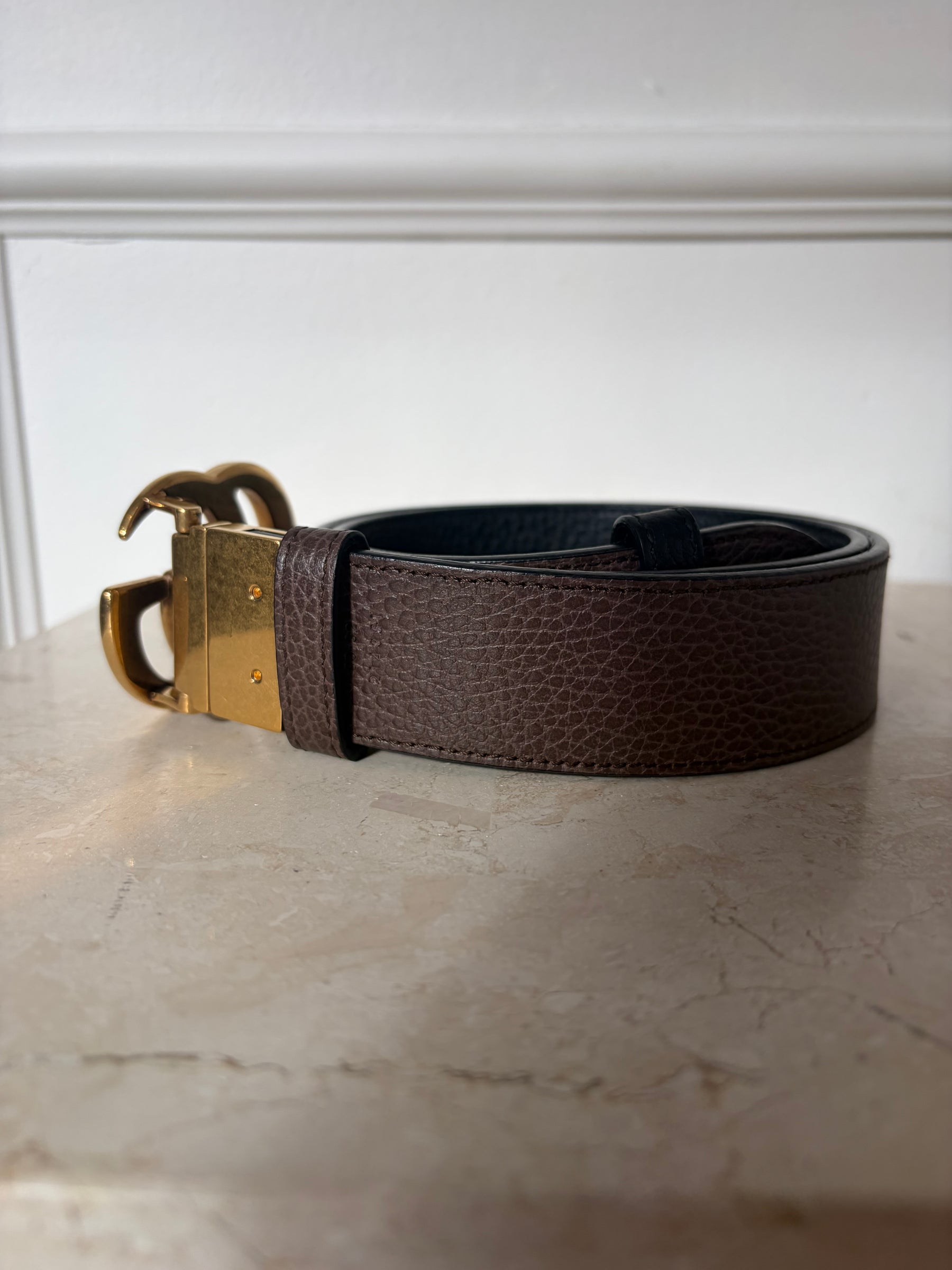 Gucci Black and Brown Reversible Leather Marmont Belt, 80