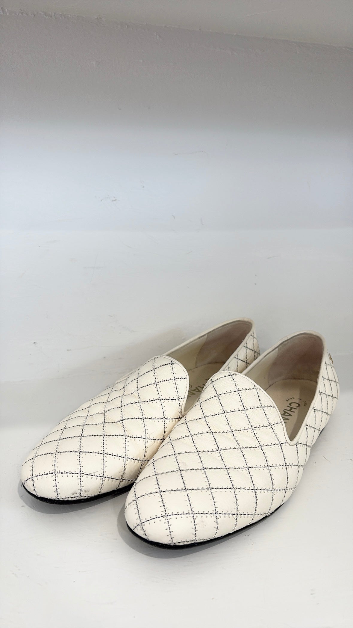 Chanel Cream And Black Quilted Leather Loafer, 39C