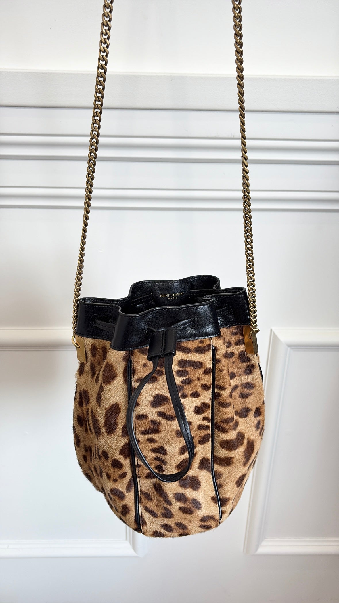 Saint Laurent Leopard Pony Hair and Black Leather Bucket Bag