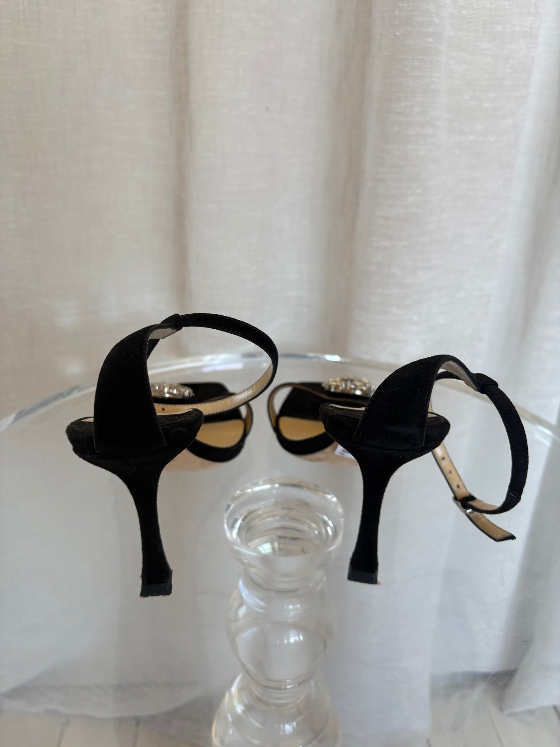 Jimmy Choo Black Suede Crystal Buckle Strappy Heel, 40