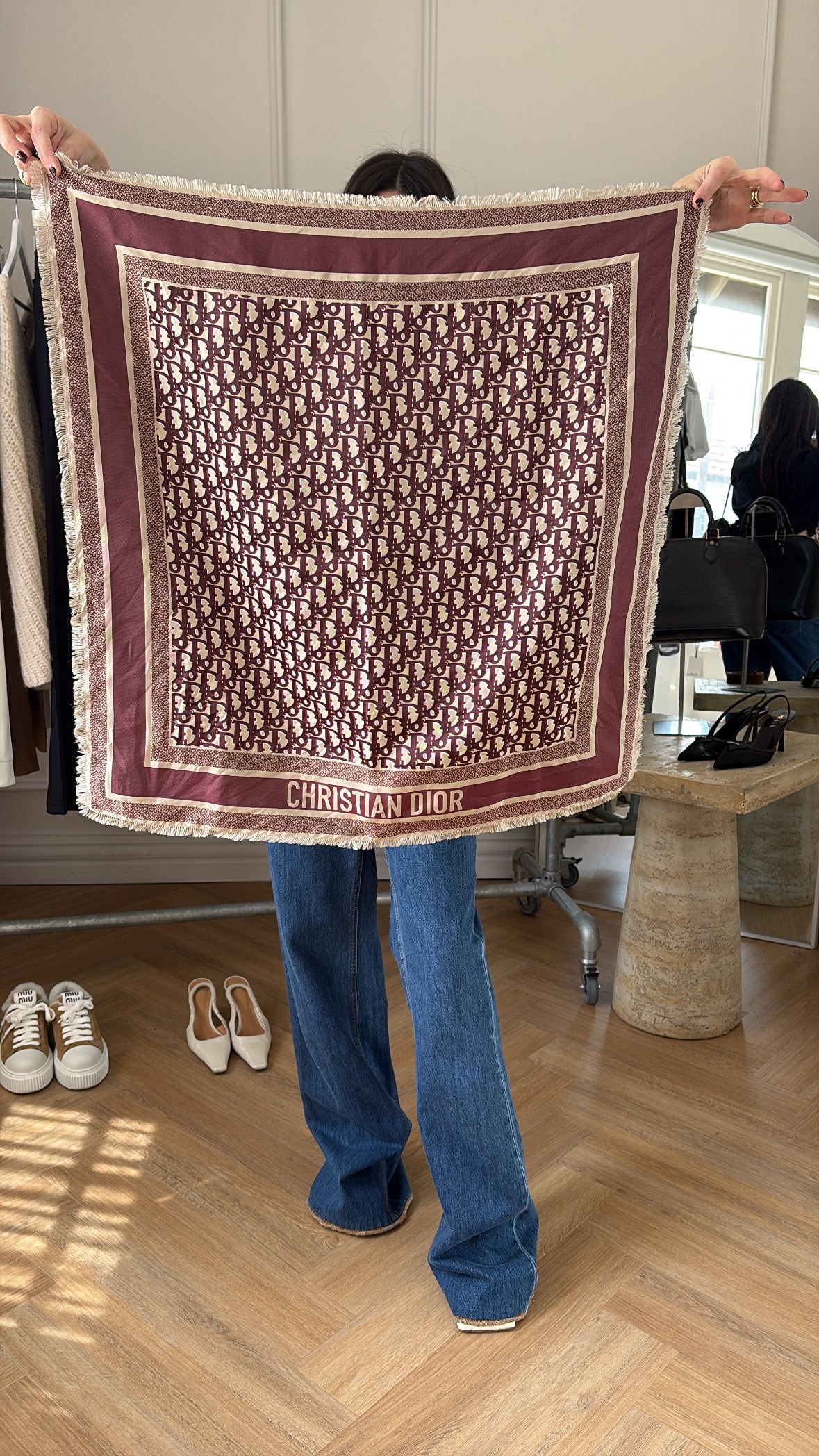 Dior Burgundy and Taupe Oblique Silk Scarf