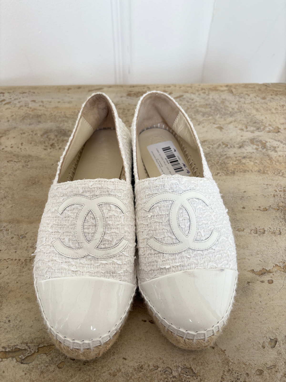 Chanel White Tweed and Patent Leather Logo Espadrilles, 37