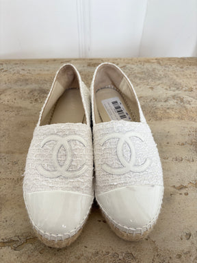 Chanel White Tweed and Patent Leather Logo Espadrilles, 37