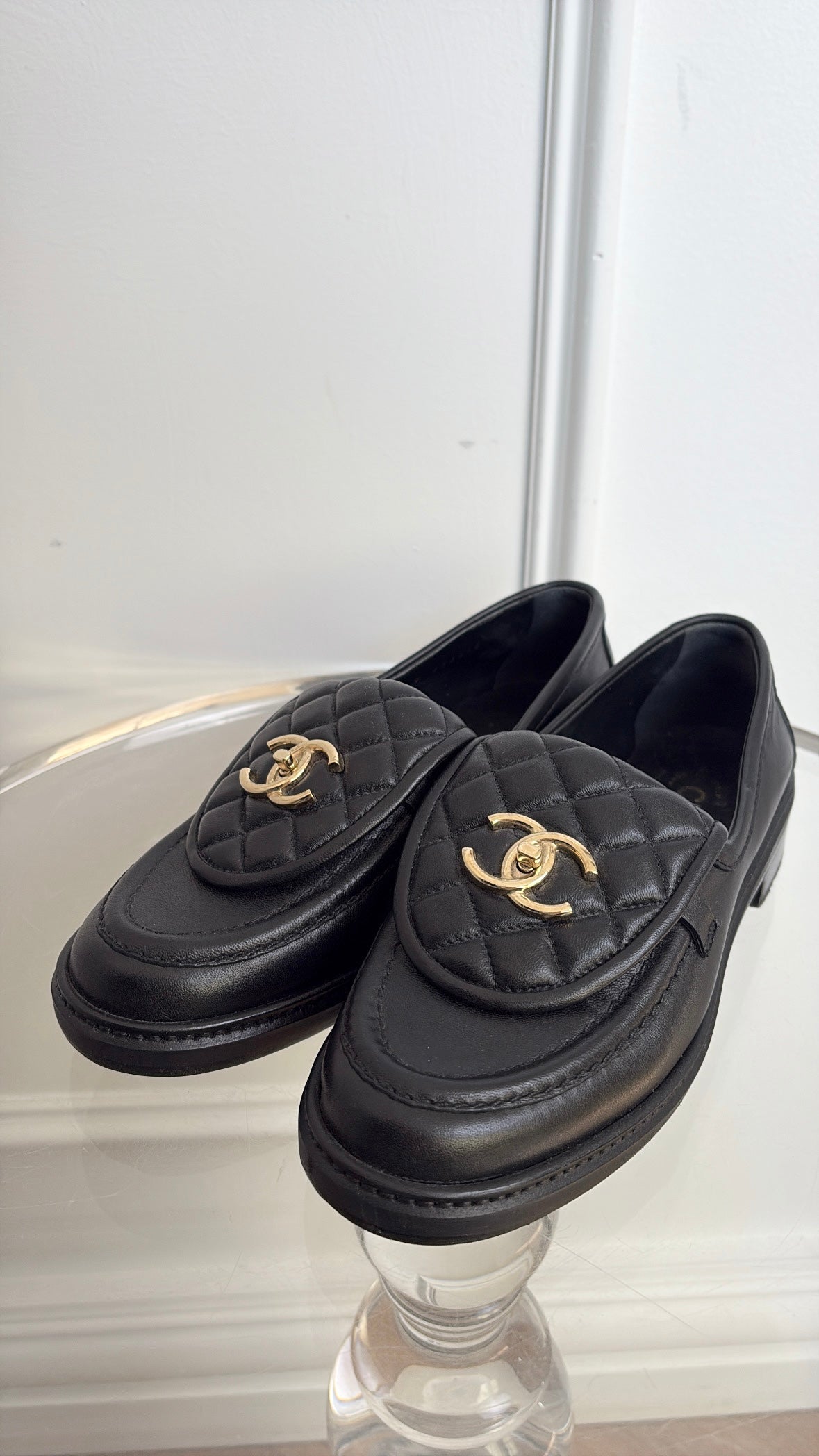 Chanel Black Quilted Leather Turnlock Loafers, 36.5