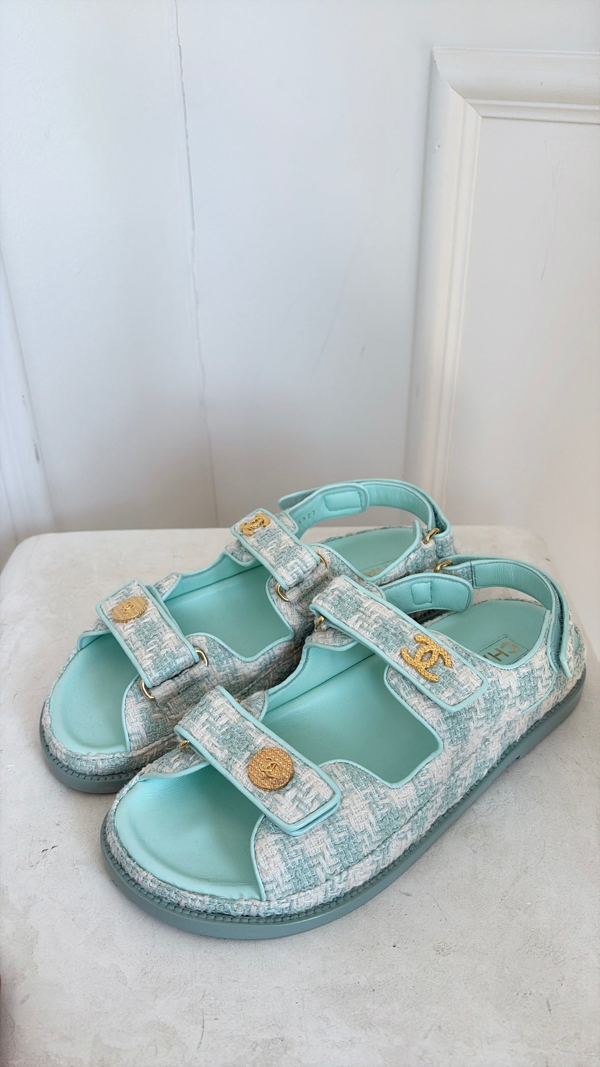 Chanel Light Blue and Ecru Tweed Dad Sandals, 39.5